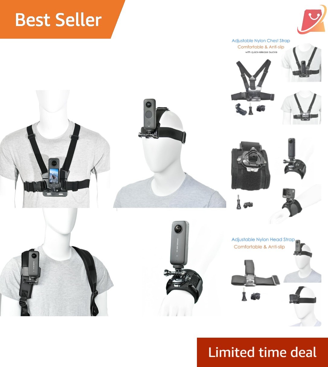 Adjustable Camera Chest Mount & Strap Kit for GoPro & Insta360 - 360° Rotation