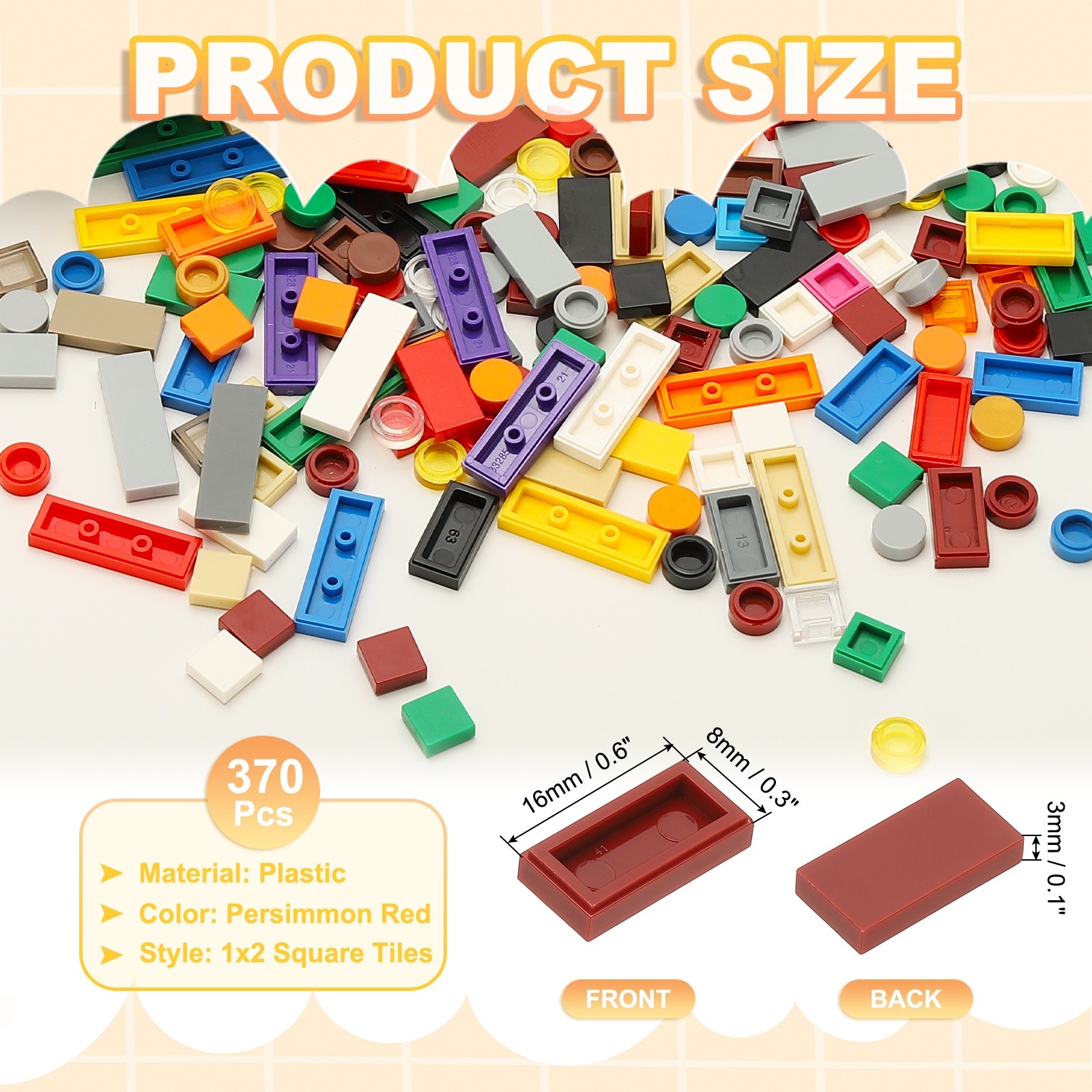 370 Pcs 1x2 Square Persimmon Red Flat Blocks Bulk for Building Floor
