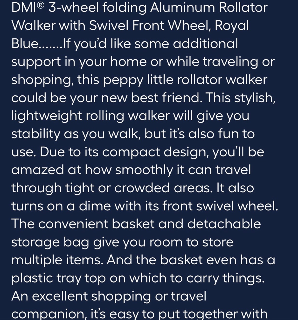 NEW! DMI Folding Rollator Walker With Wheels Seat Royal BLUE 3 Wheels