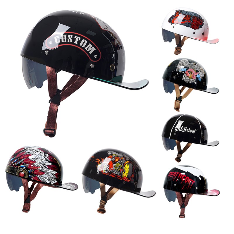 Retro Motorcycle Half Helmet with Black Retractable Visor Adult Baseball Cap DOT