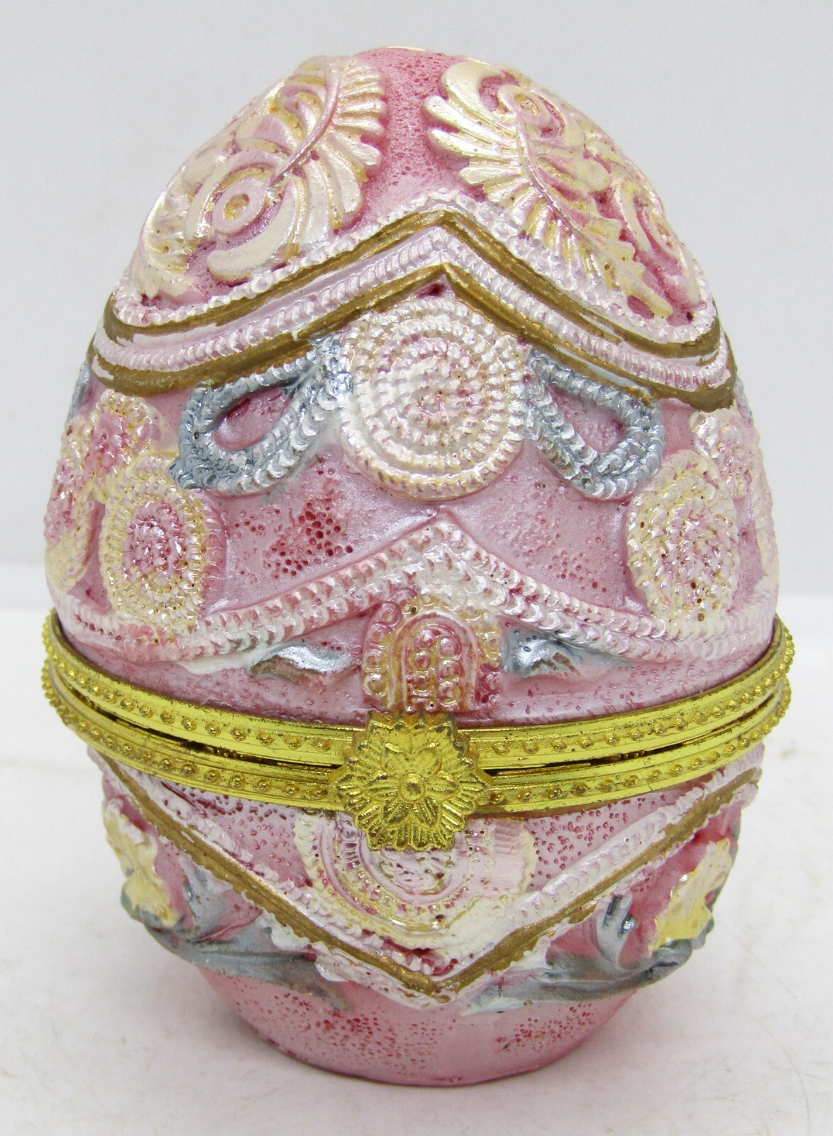 Decorative Easter Egg Resin Hand-Painted Pink Lined Trinket Box. 3 1/2" High.