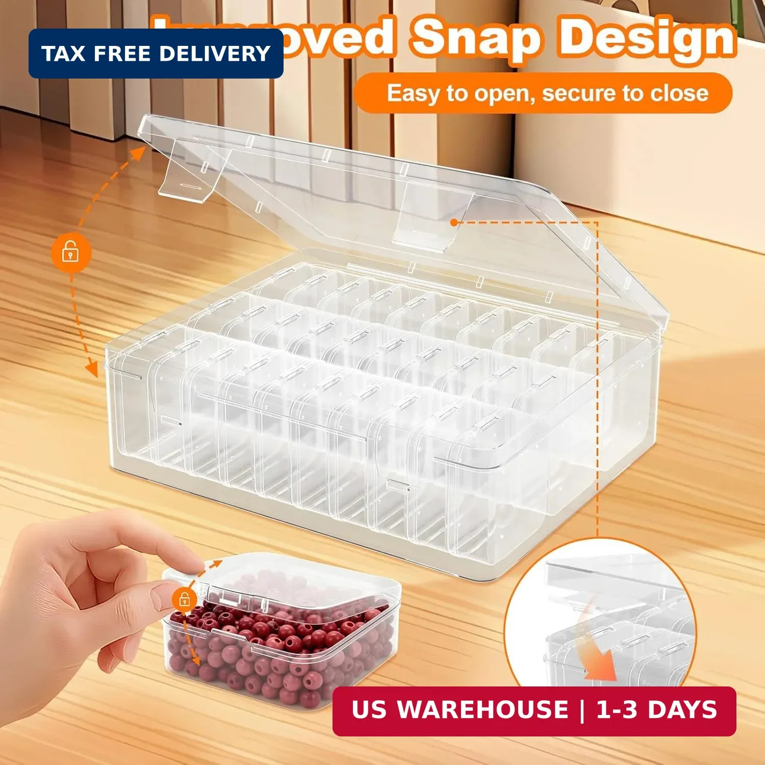 Bead Organizer Box, 30 Pcs Clear Plastic Storage Containers Features Hinged Lid
