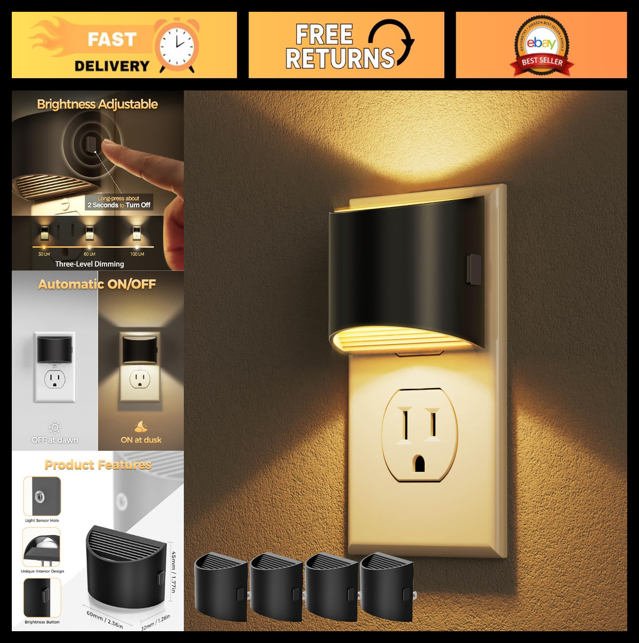 4 Pack LED Night Lights with Dusk to Dawn Sensor, 3 Level Brightness, Plug-in fo