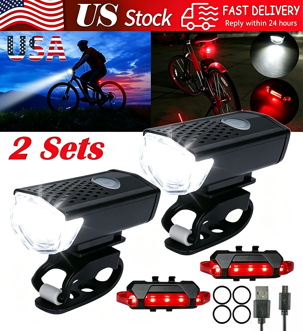 2 Sets USB Rechargeable LED Bicycle Headlight Bike Front Rear Lamp Cycling
