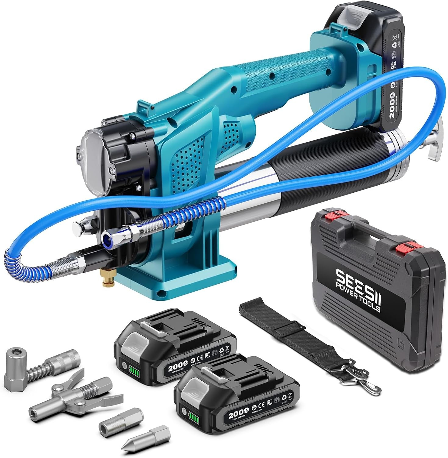 Seesii Cordless Battery Powered Electric Grease Gun 10000PSI 39" Hose 2X Battery
