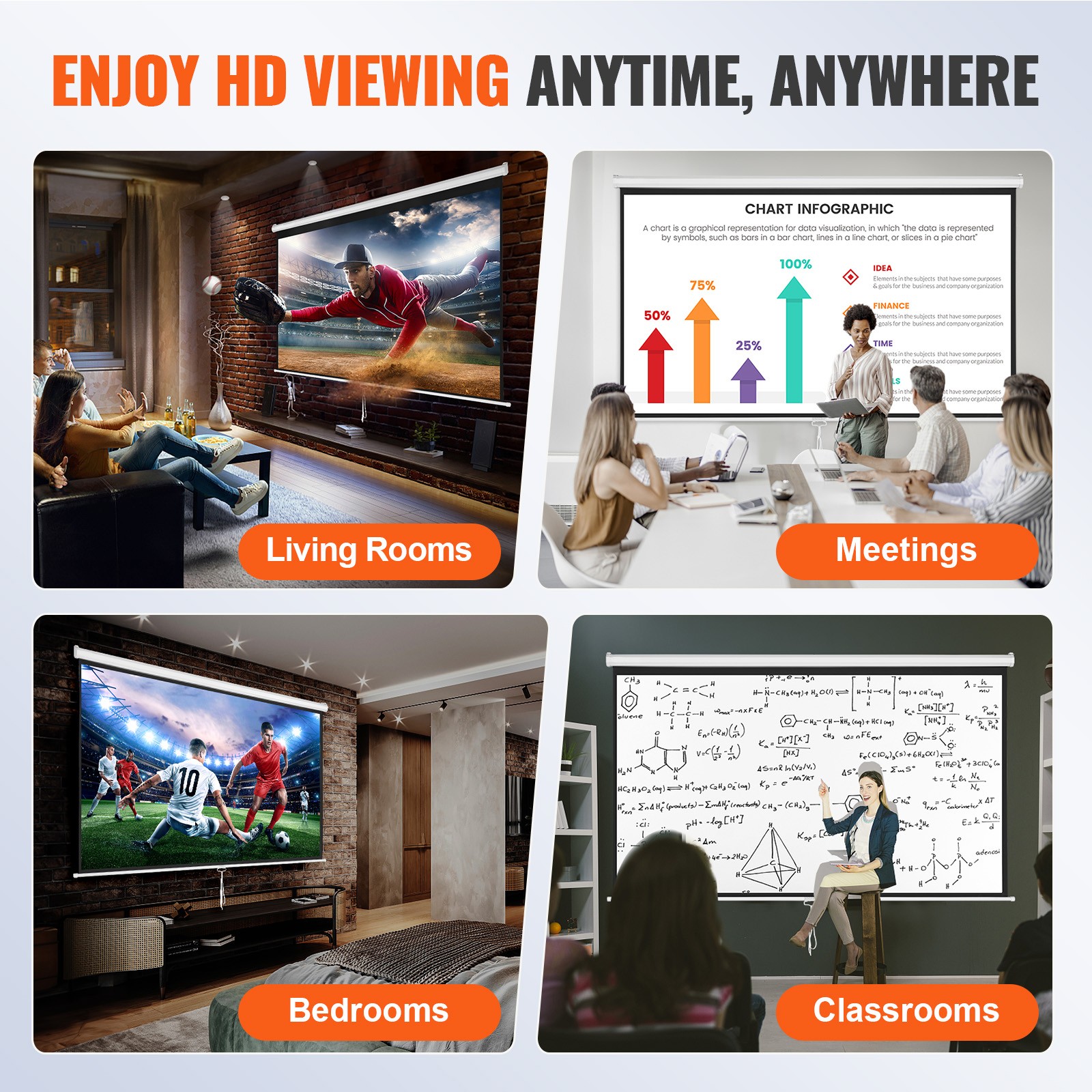 VEVOR Manual Pull Down Projector Screen 100 inch 16:9 4K 1080 HD Retractable