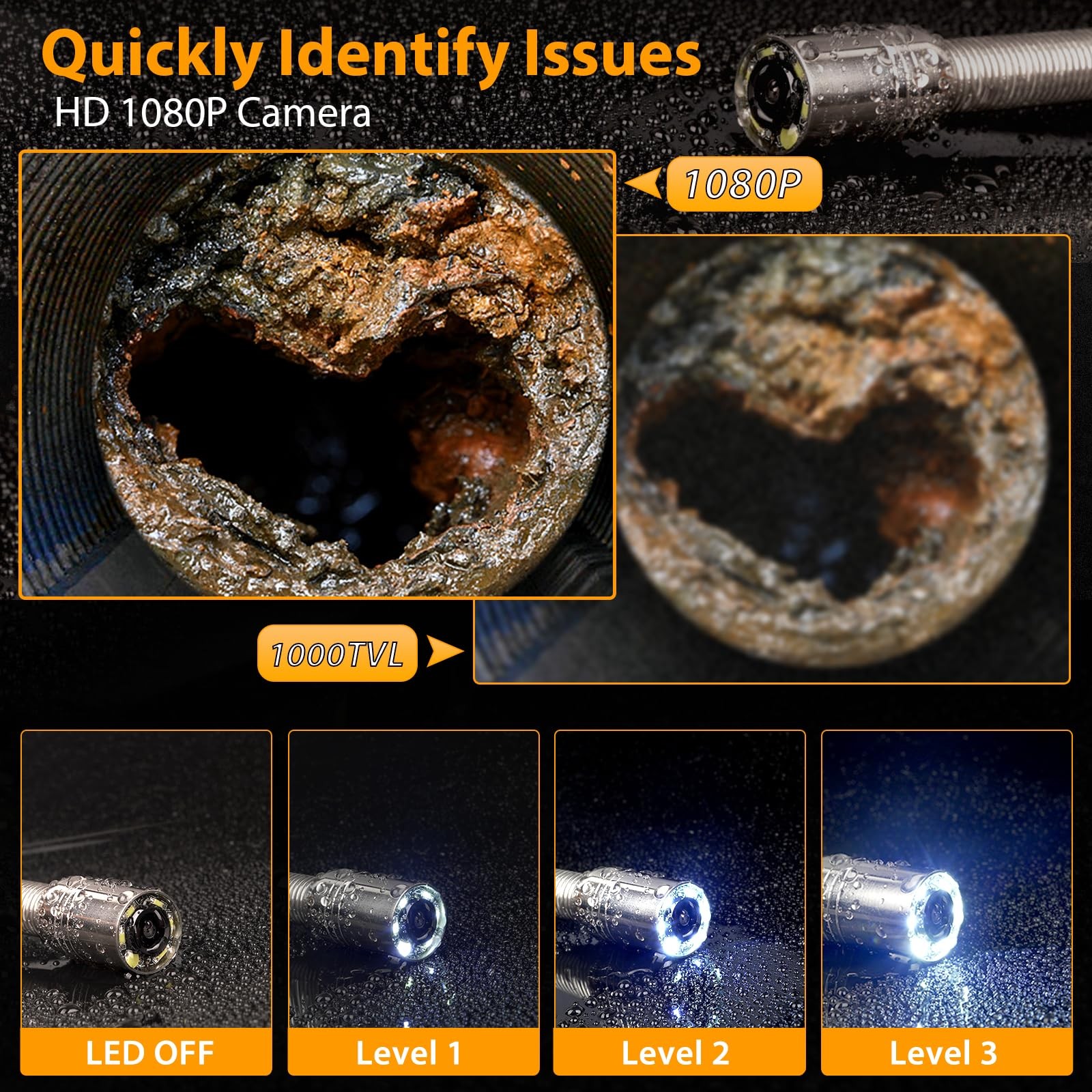 Kcapyn Sewer Camera 100FT/30M Inspection Borescope Endoscope Camera 6 LEDs 5"