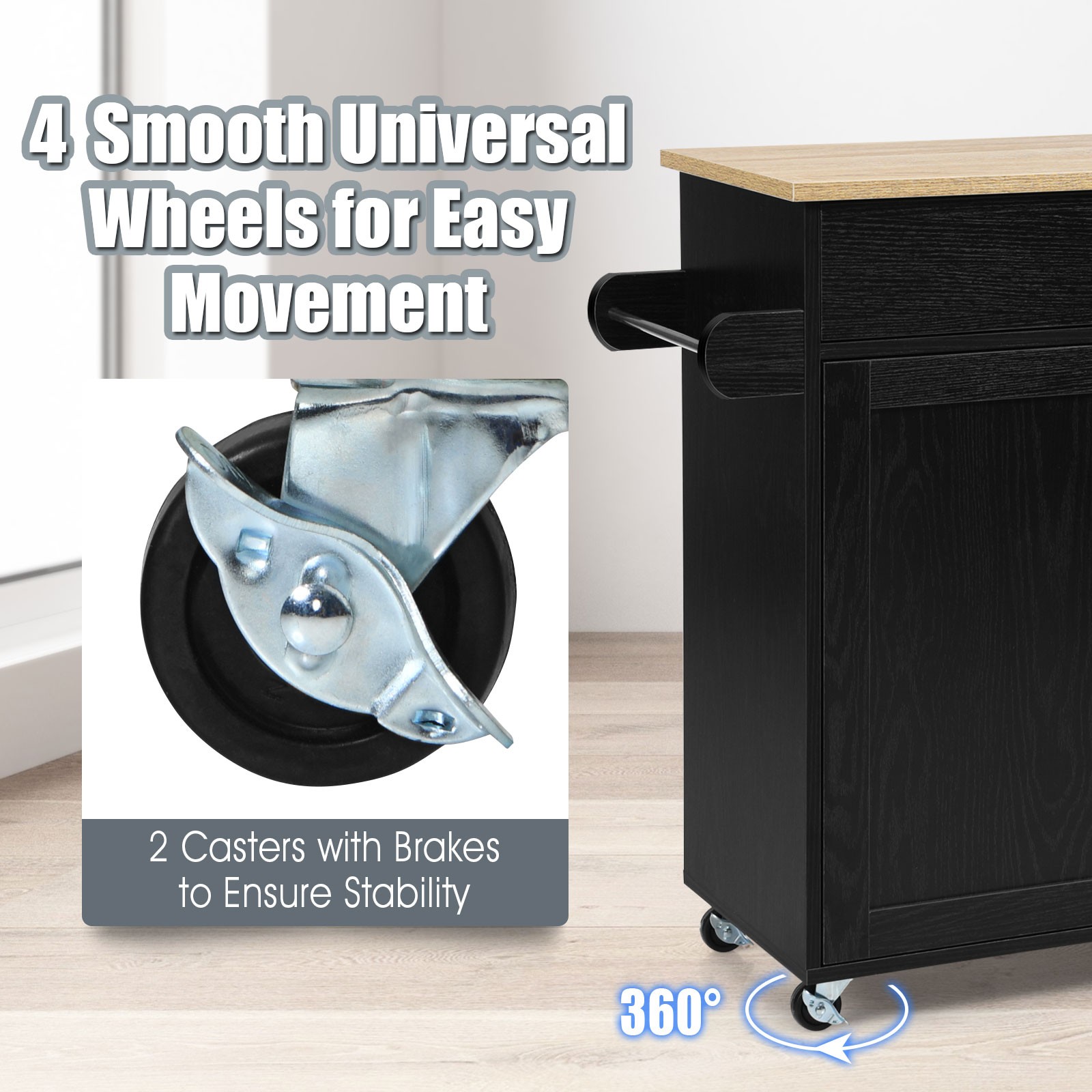 Costway Rolling Kitchen Island Cart Storage Cabinet w/ Towel & Spice Rack Black