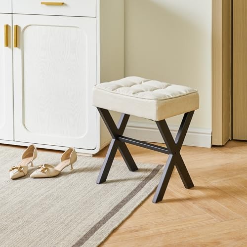 Square Makeup Stool with X-Leg Foot Rest Footrest, Ottoman 17.72"-Linen Linen