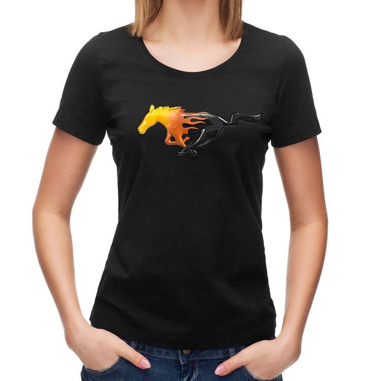 Mustang Ladies Flaming Running Horse Black T-Shirt EXCLUSIVE! Free USA Shipping!