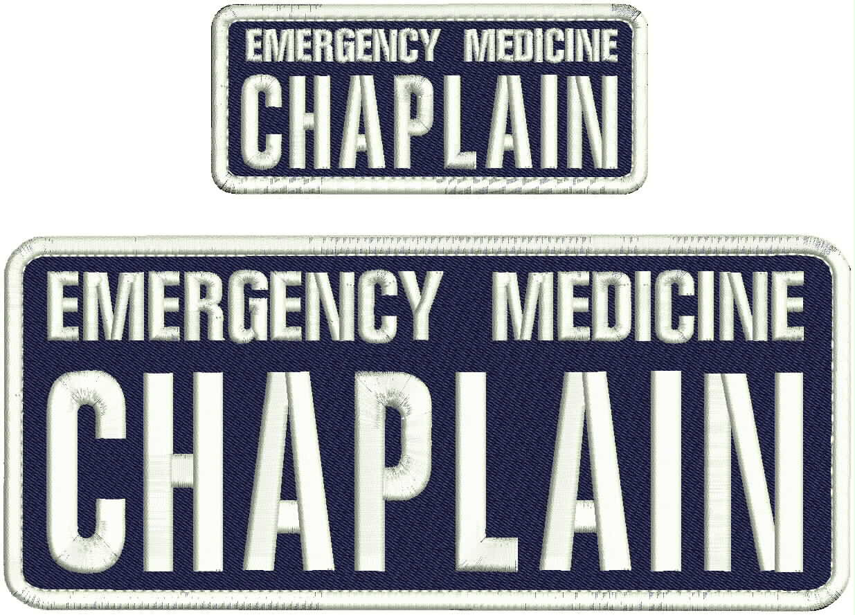 E M CHAPLAIN EMBROIDERY PATCH 4X10 & 2X5 HOOK ON BACK WHITE ON NAVY BLUE