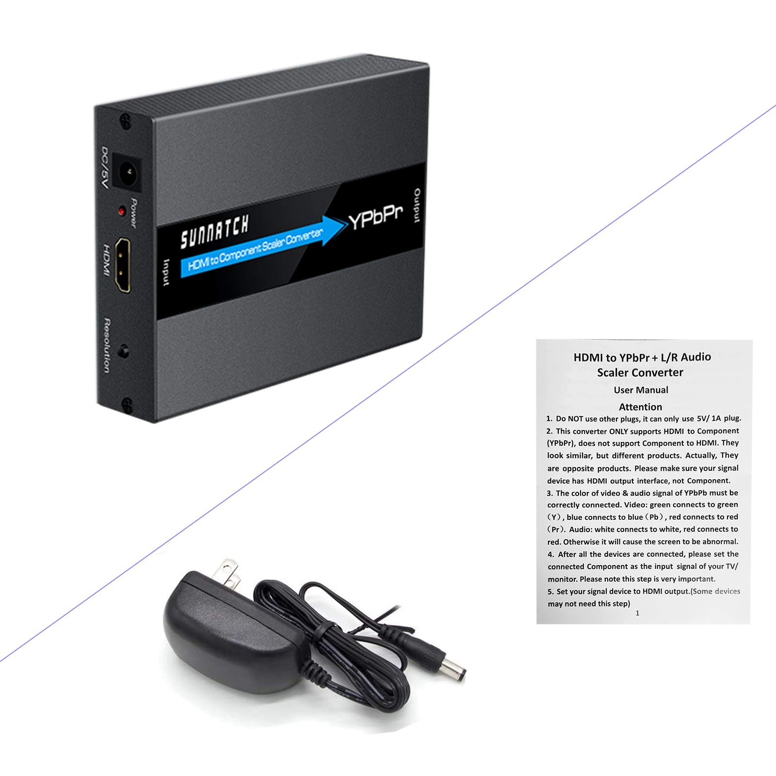 SUNNATCH HDMI to Component Converter with Scaler Function, 1080P black