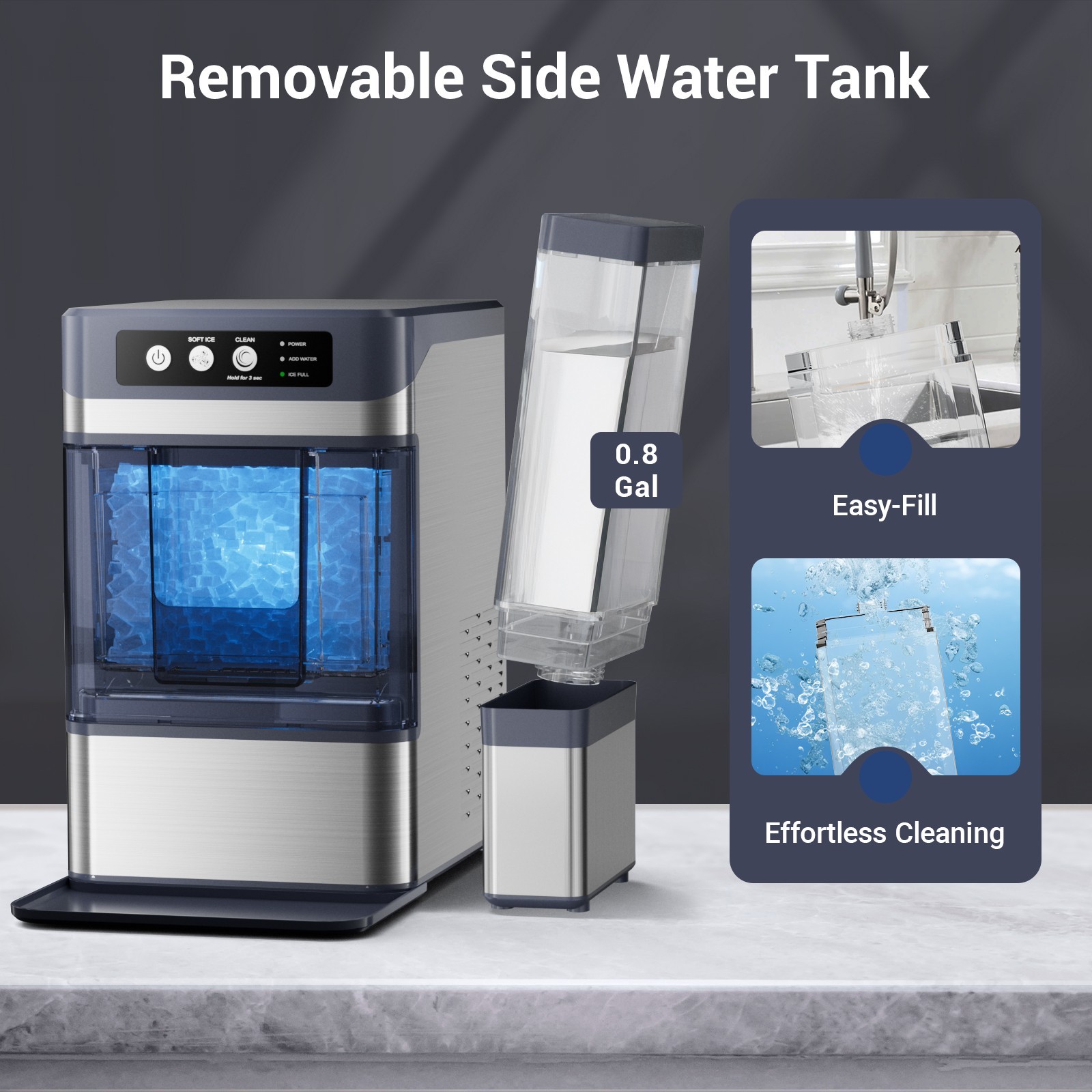 44lb Countertop Nugget Ice Maker 5Mins Fast Pebble Ice Making Machine Self-Clean