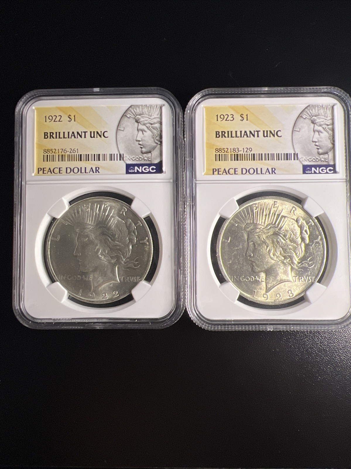 1922 and 1933 Silver Peace Dollars Lot of 2 NGC Graded Brilliant UNC