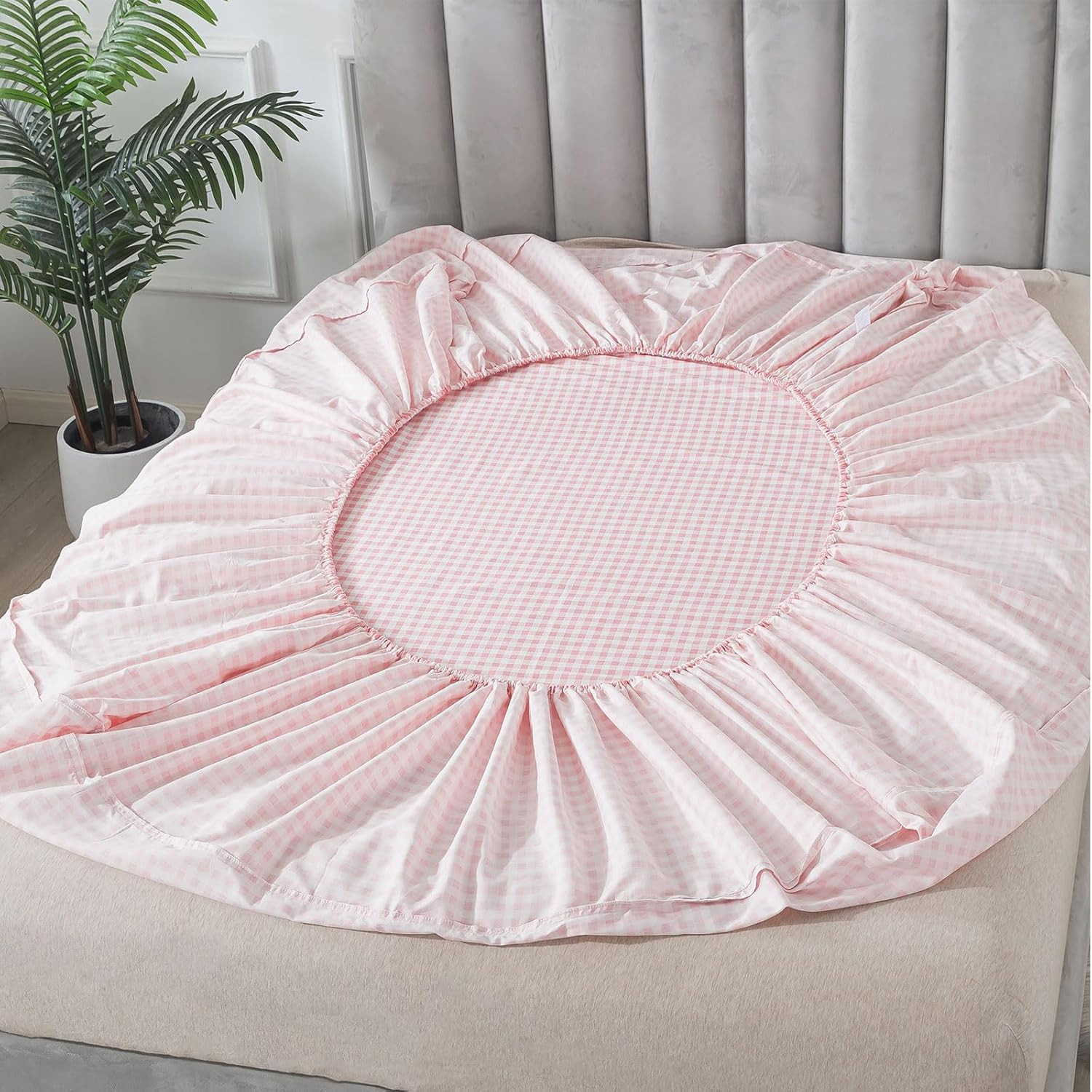 Ultra Soft Pink Plaid King Size Cotton Sheets with 2 Pillowcases - 4Pcs Set