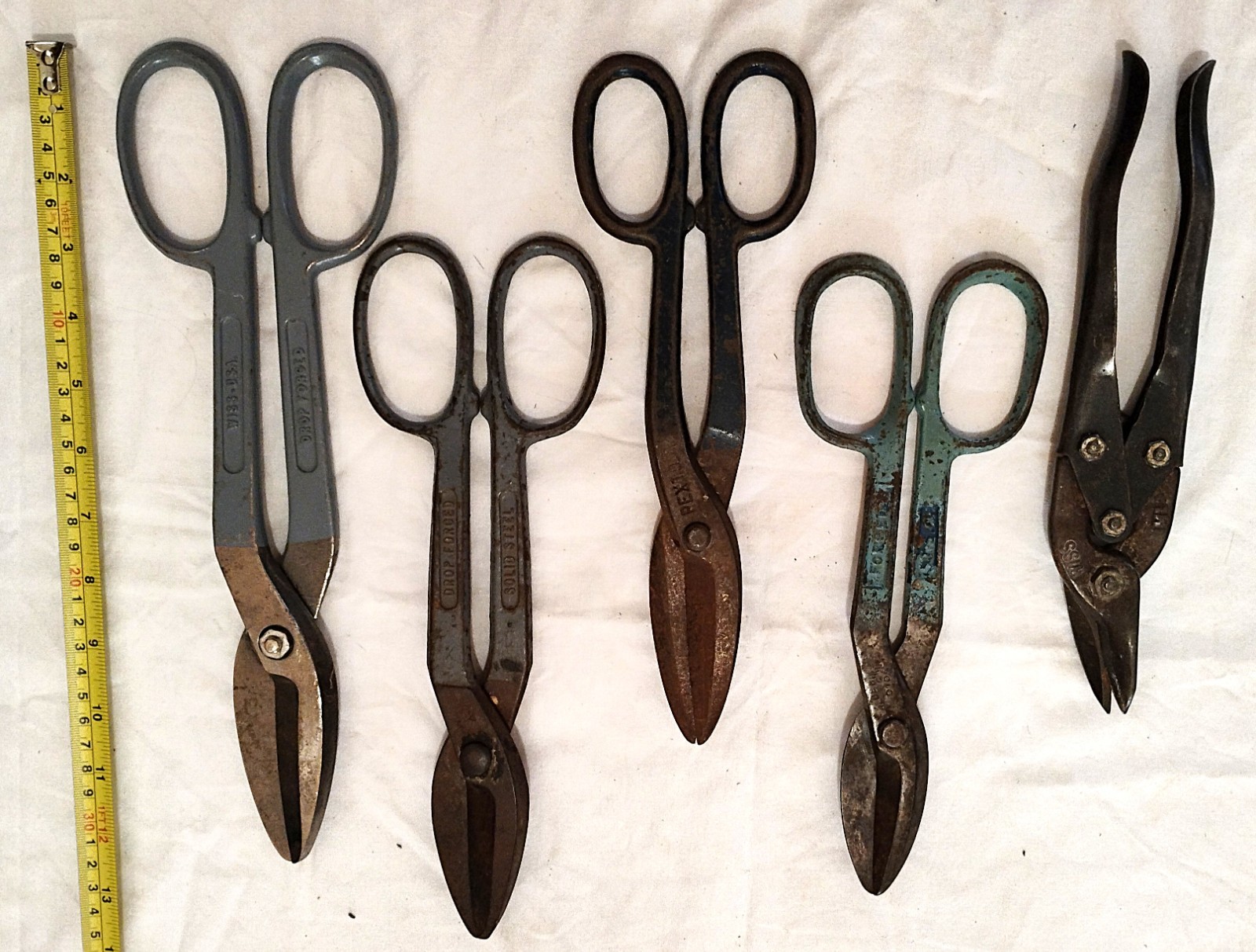 Vintage Lot of 5 Forged Steel Shears, Tin Snips, Cutters Wiss, Pexto & Blue Bird