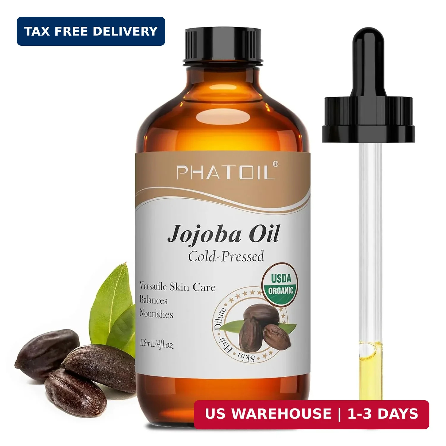 PHATOIL Organic Jojoba Oil Cold Pressed USDA Certified Premium Grade Jojoba Oil