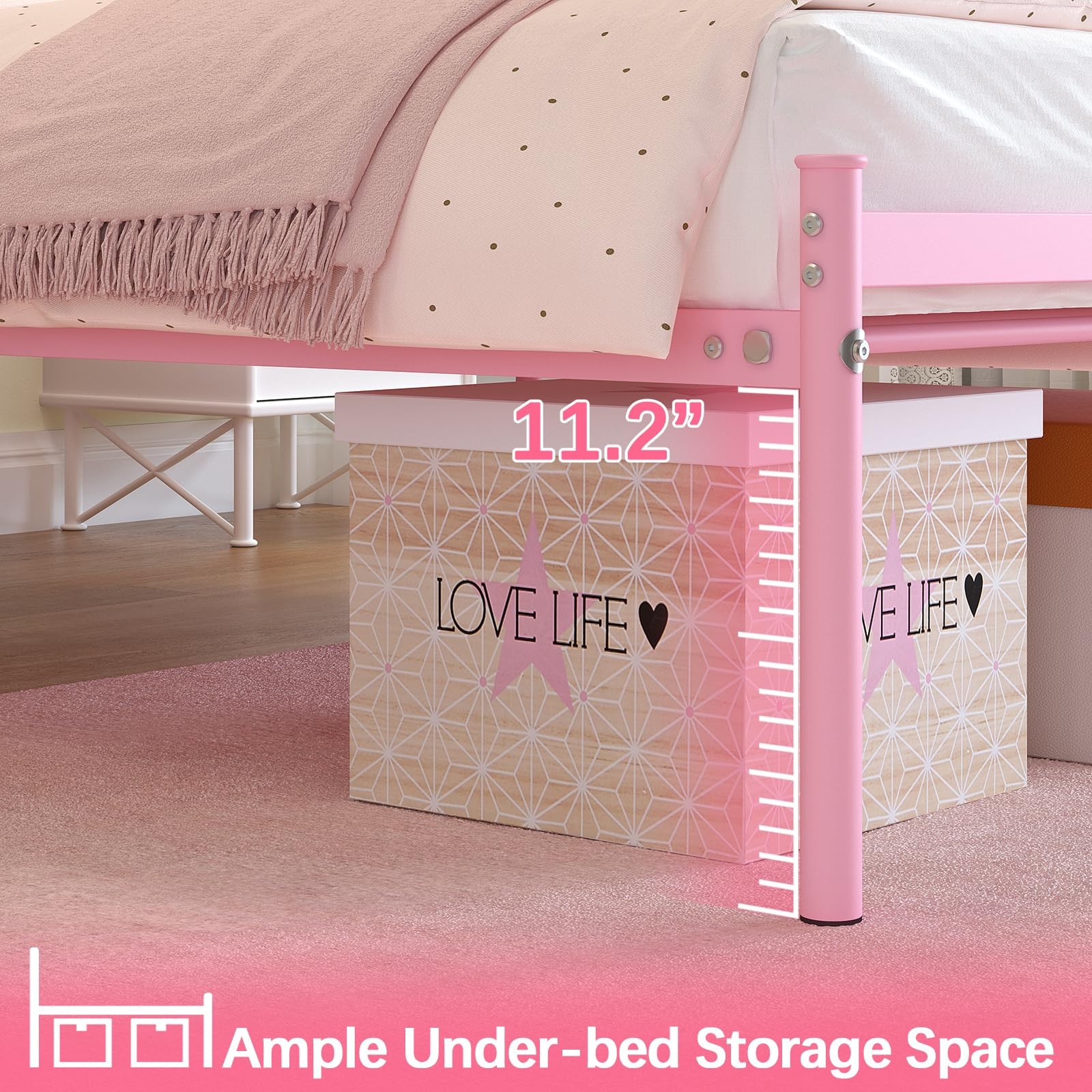 Twin Metal Bed Frame with Headboard, Underbed Storage, Pink