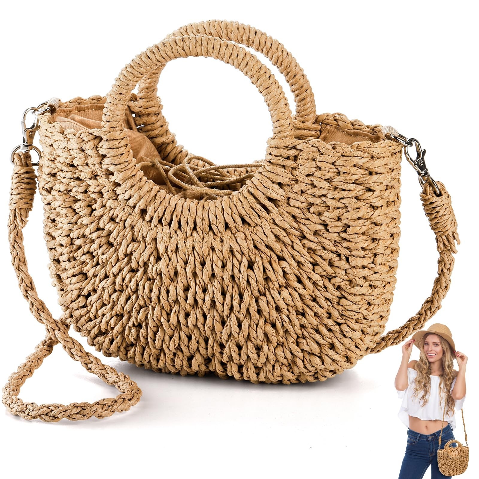 Noamus Women Straw Beach Handbag, Summer Boho Rattan Purse