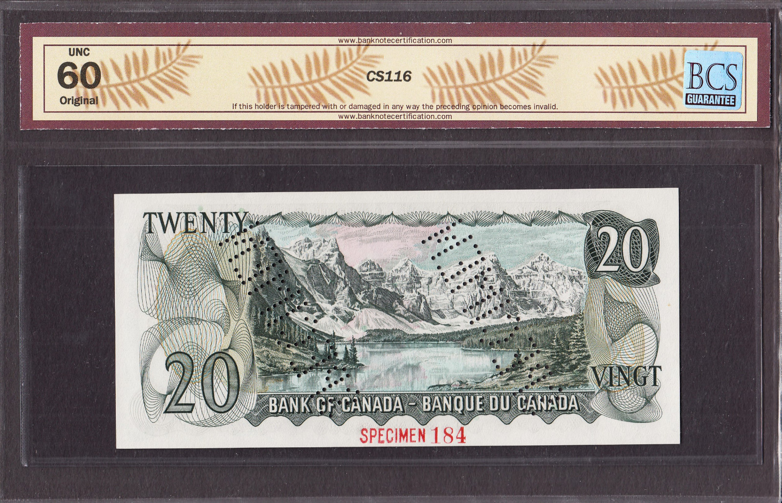 Canada 20 Dollars SPECIMEN 1969 BC-50aS EA-0000000 #184 UNC BCS 60 ORIGINAL