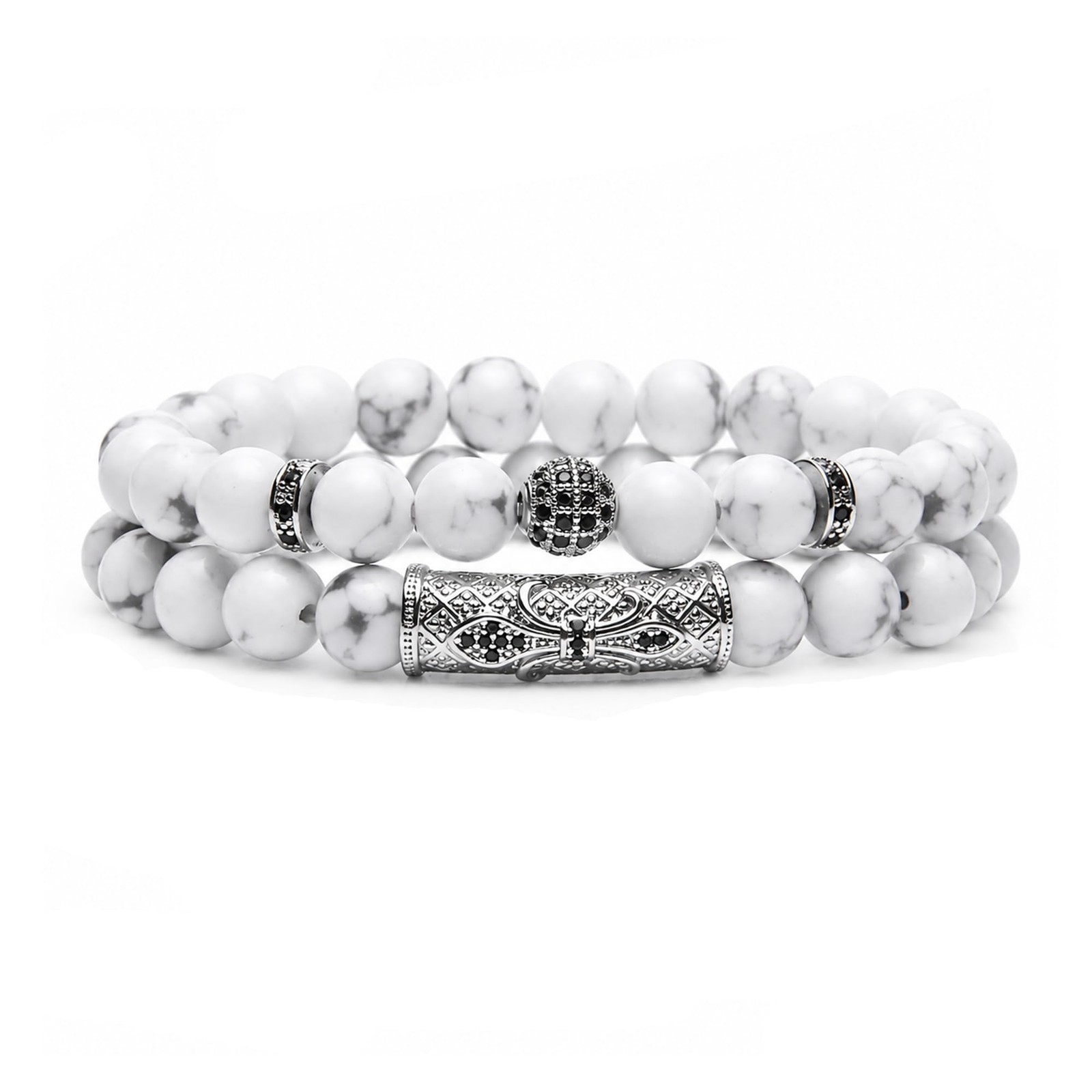 GDLKPYHS 2Pcs Beaded Bracelets for Men and Women, Howlite 6.3 inches,