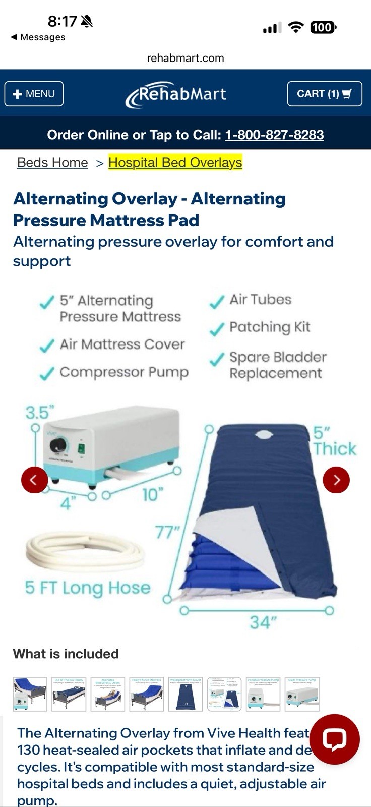 Alternating Pressure Mattress Overlay Pad with Electric Pump System