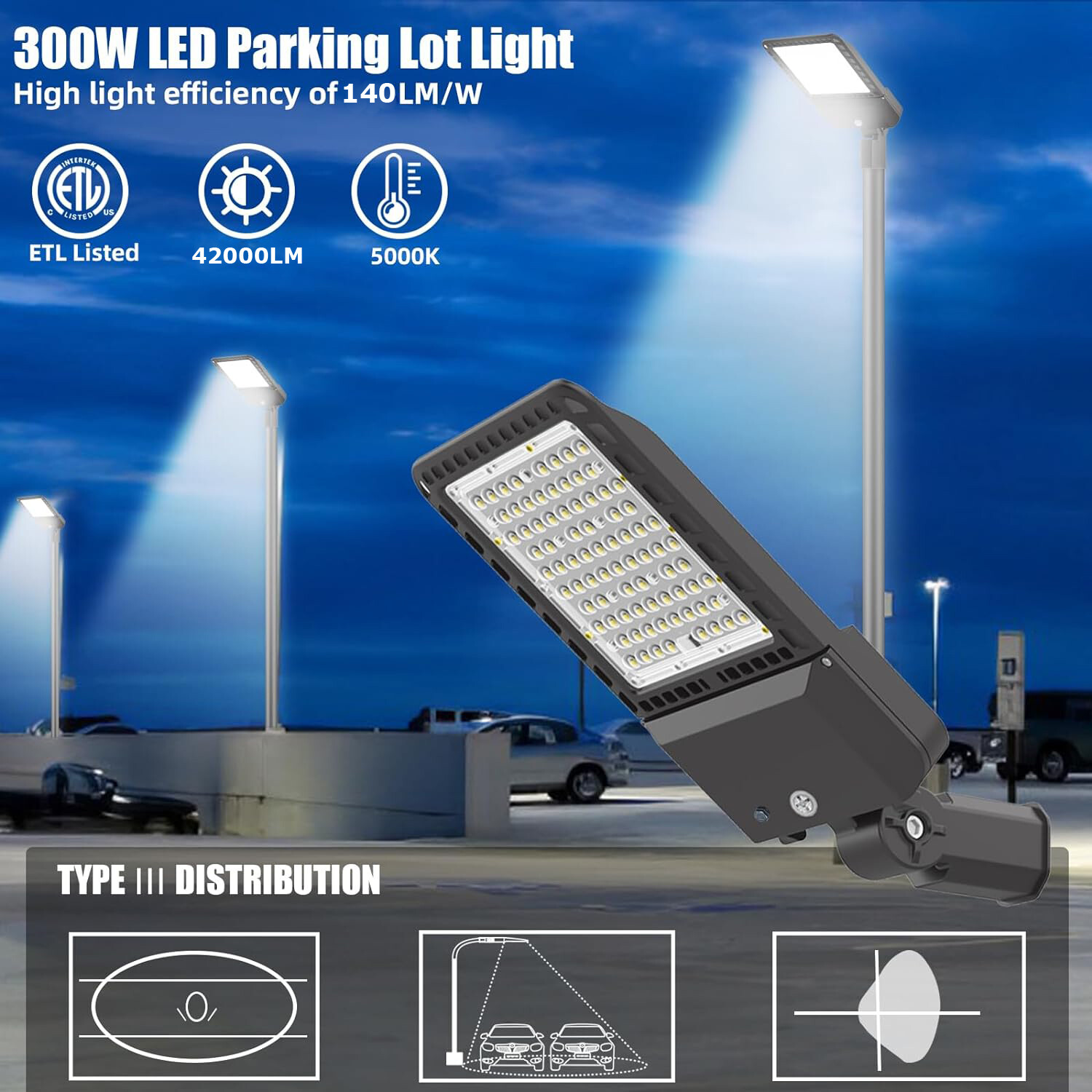 300 watt LED Shoebox Parking Lot Light Fixture Outdoor LED Lighting, 5000K White