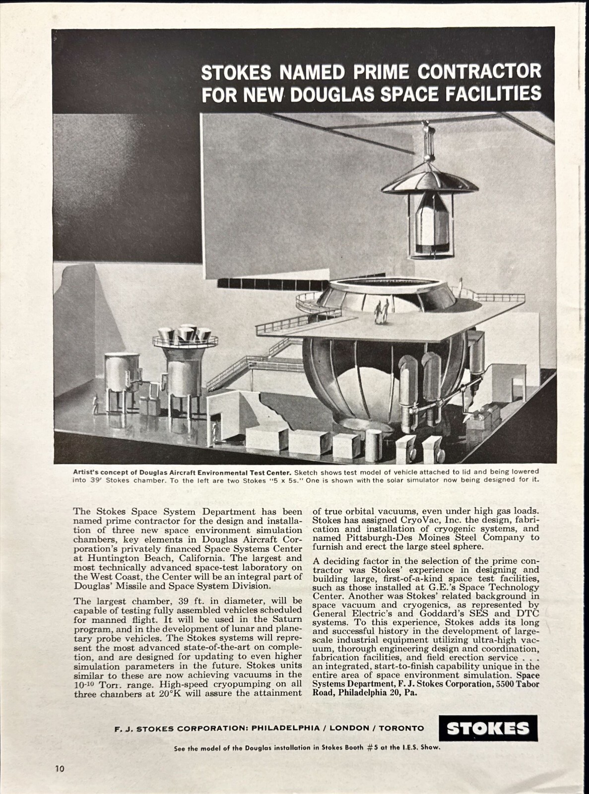 Stokes Space System Douglas Aircraft Environment Test Center Vtg Print Ad 1963