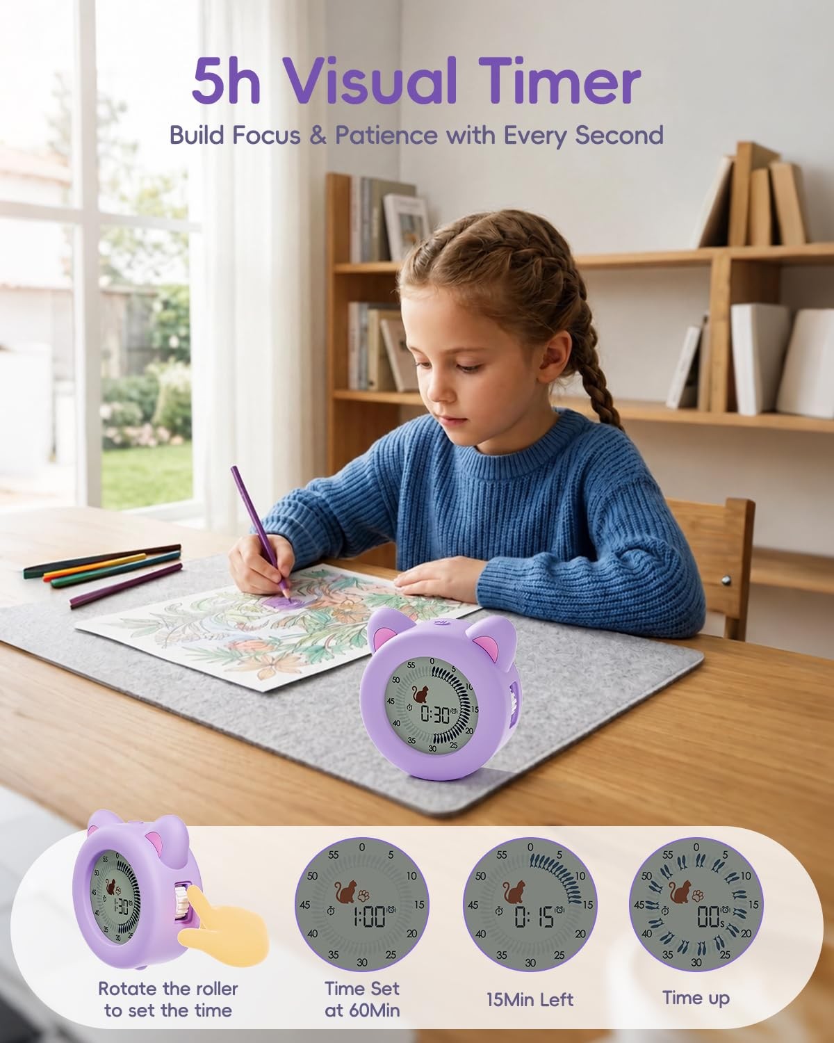 Visual Timer for Kids with Pause, Clock and Alarm Function, 299 min Cute Cat ...