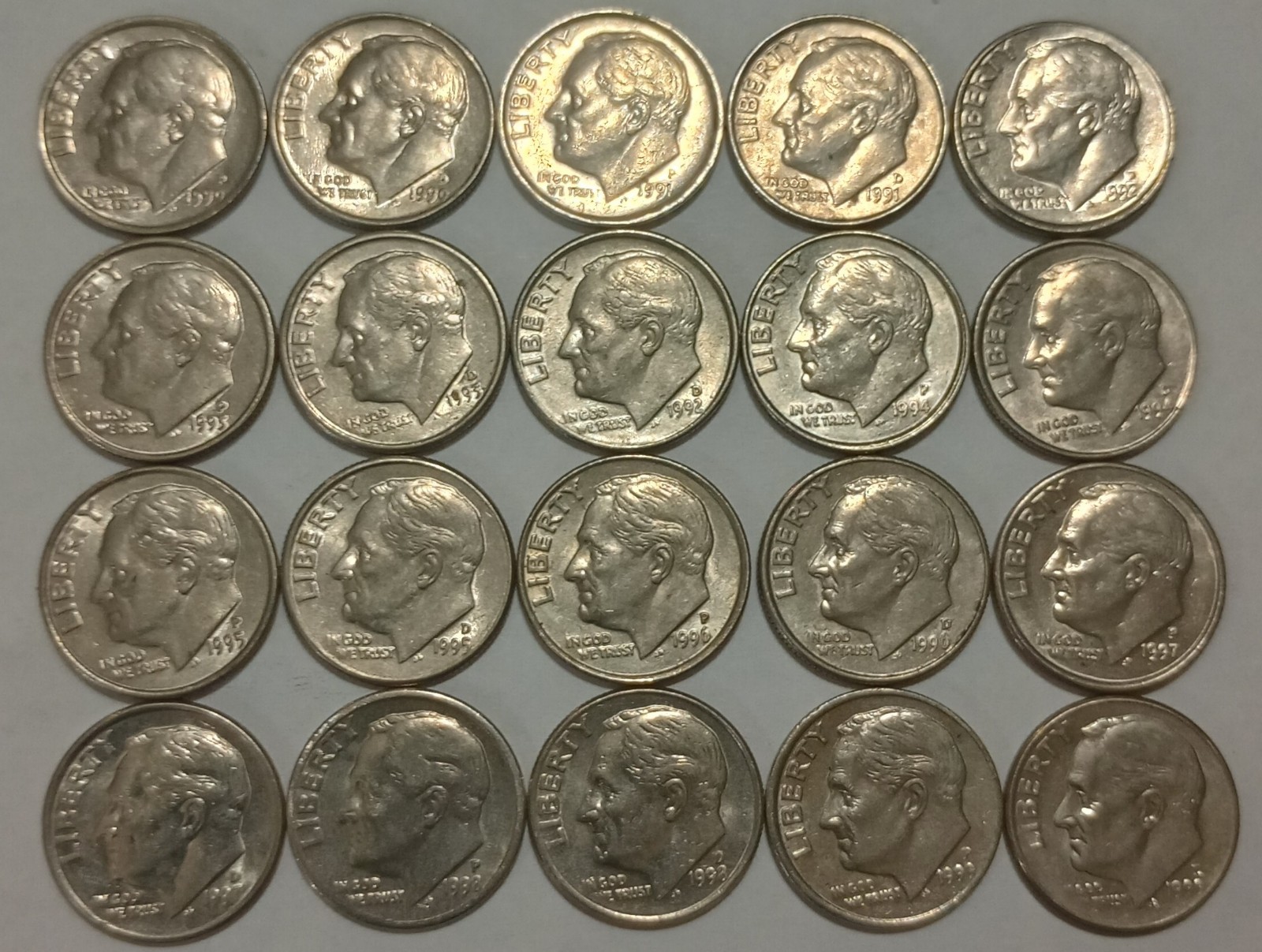 1990-1999 P & D Roosevelt Dime Set Circulated Condition