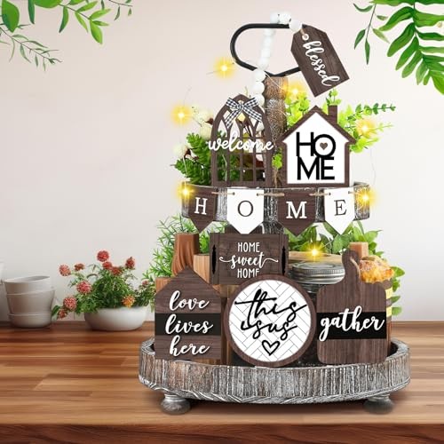 FairySandy 11 Pcs Home Tiered Tray Decor Spring Rustic Farmhouse Brown Style
