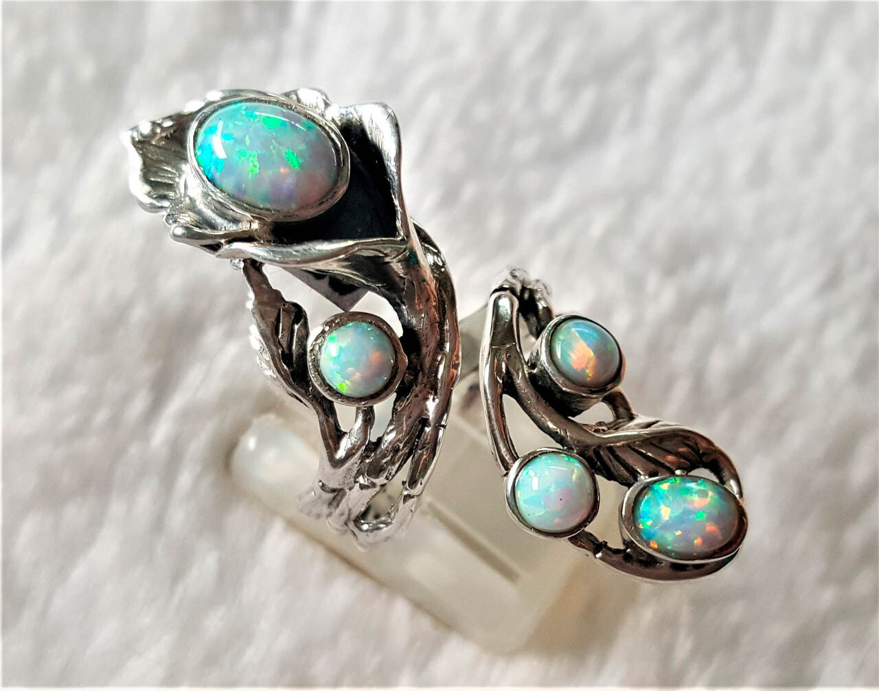 925 Sterling Silver FLower Precious OPAL Flower Unique Bouquet Adjustable Ring