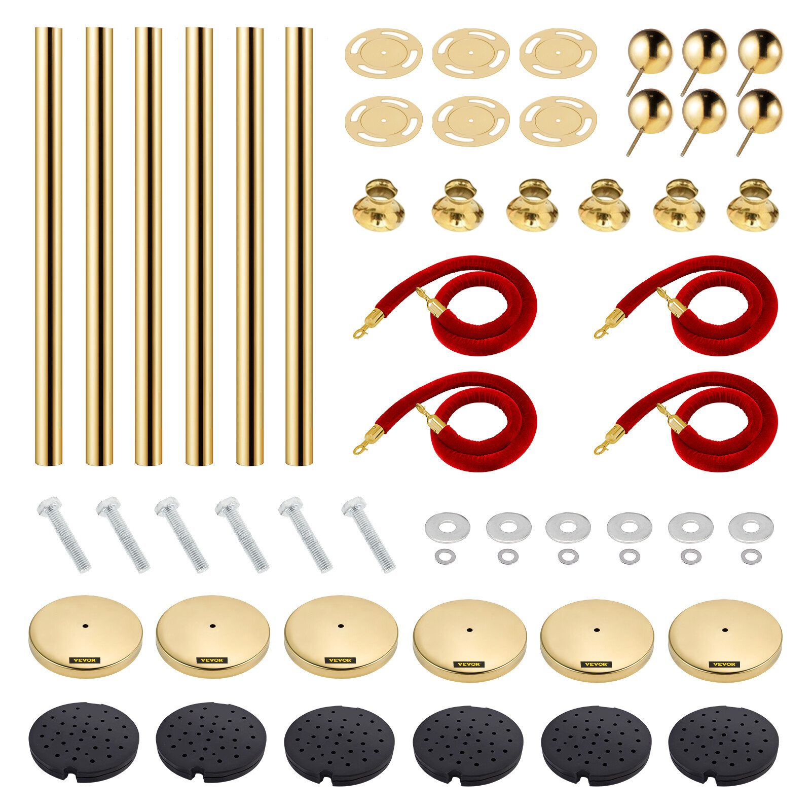 6Pcs Golden Stanchion Posts with 4 Velvet Ropes Crowd Control Queue Pole Barrier