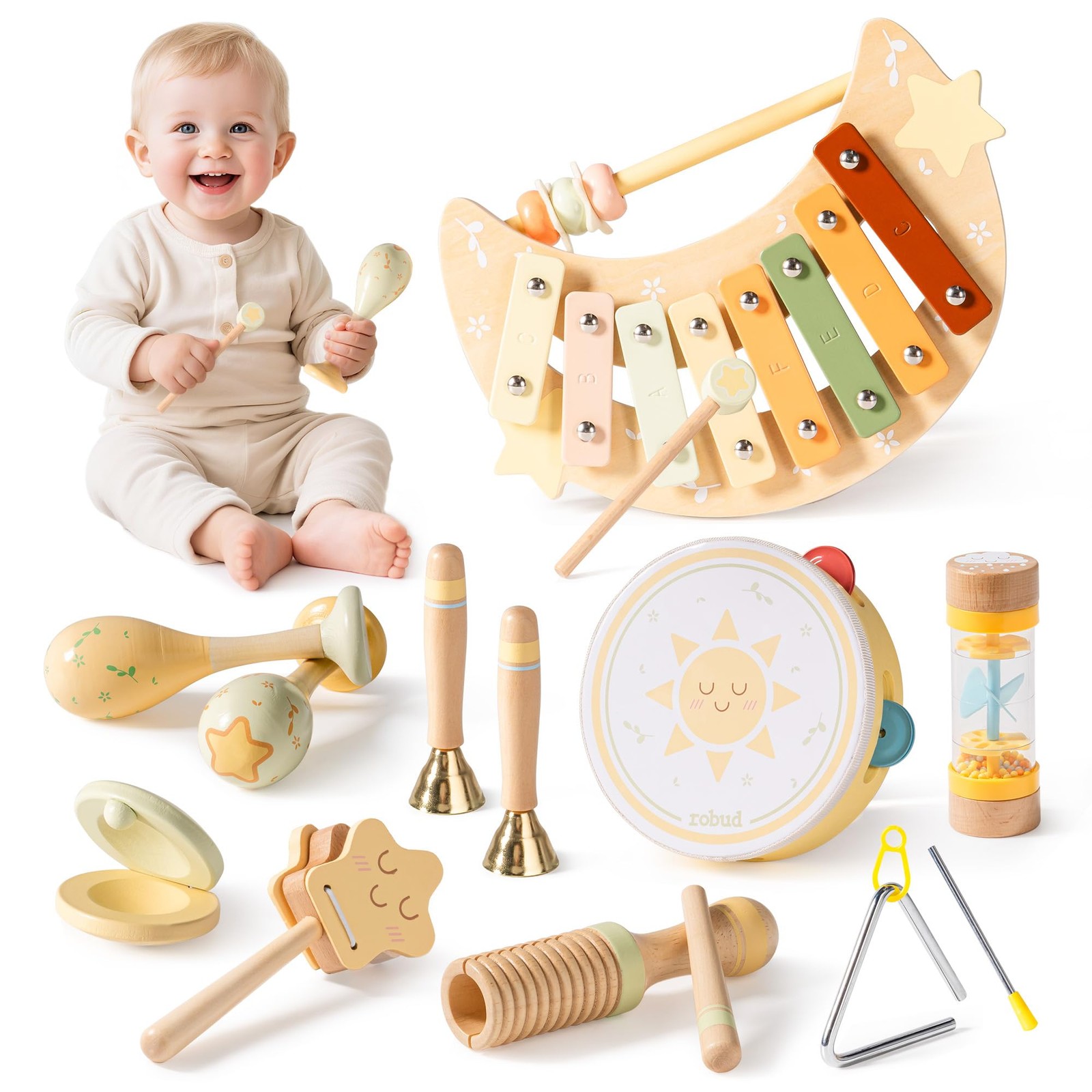 Toddler Musical Instruments, Montessori Wooden Baby Musical Toys, Neutral Col...