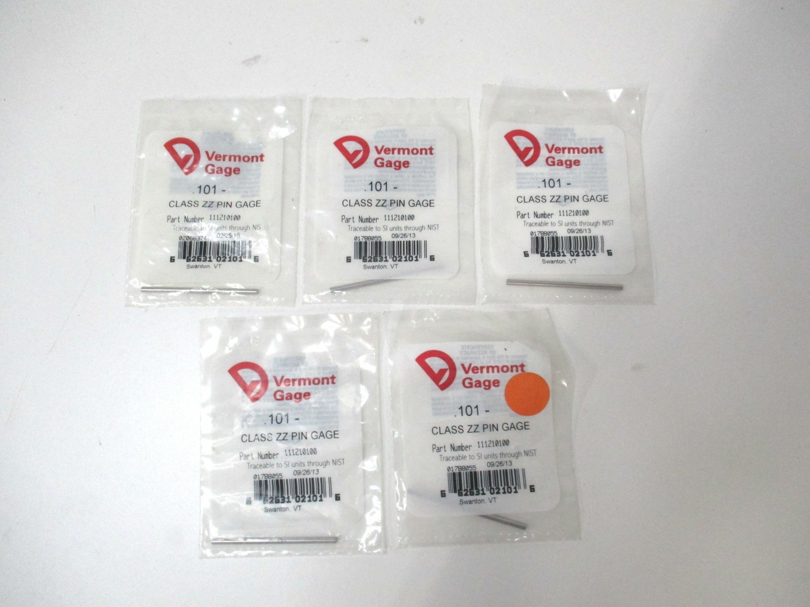 Vermont Gage (111210100) 0.101" Tolerance Class ZZ Steel No-Go Pin Gage - Qty 5
