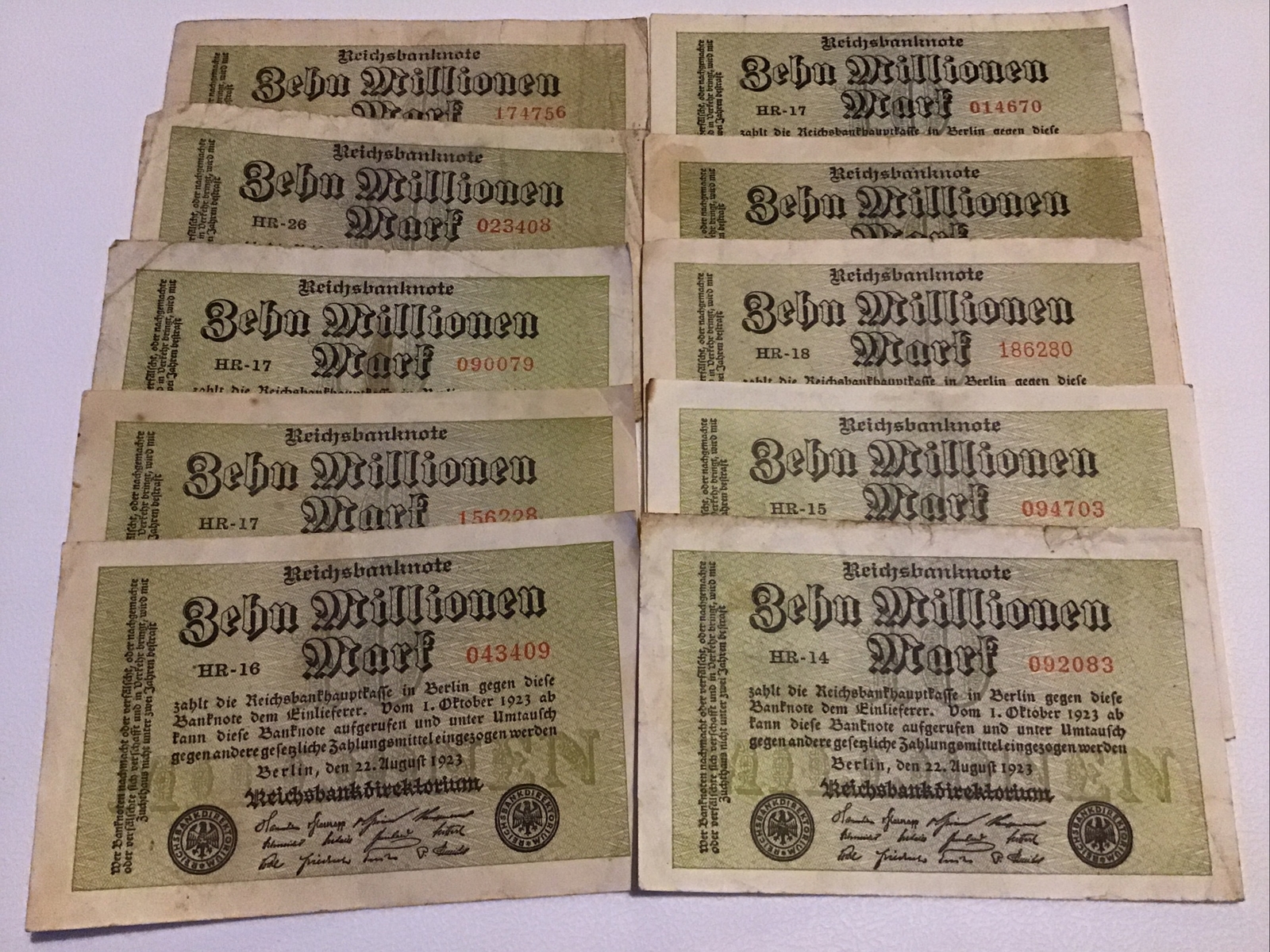 Lot Of 10 X German Banknotes. 10 Million Mark. Dated 1923. Reichsbanknote.