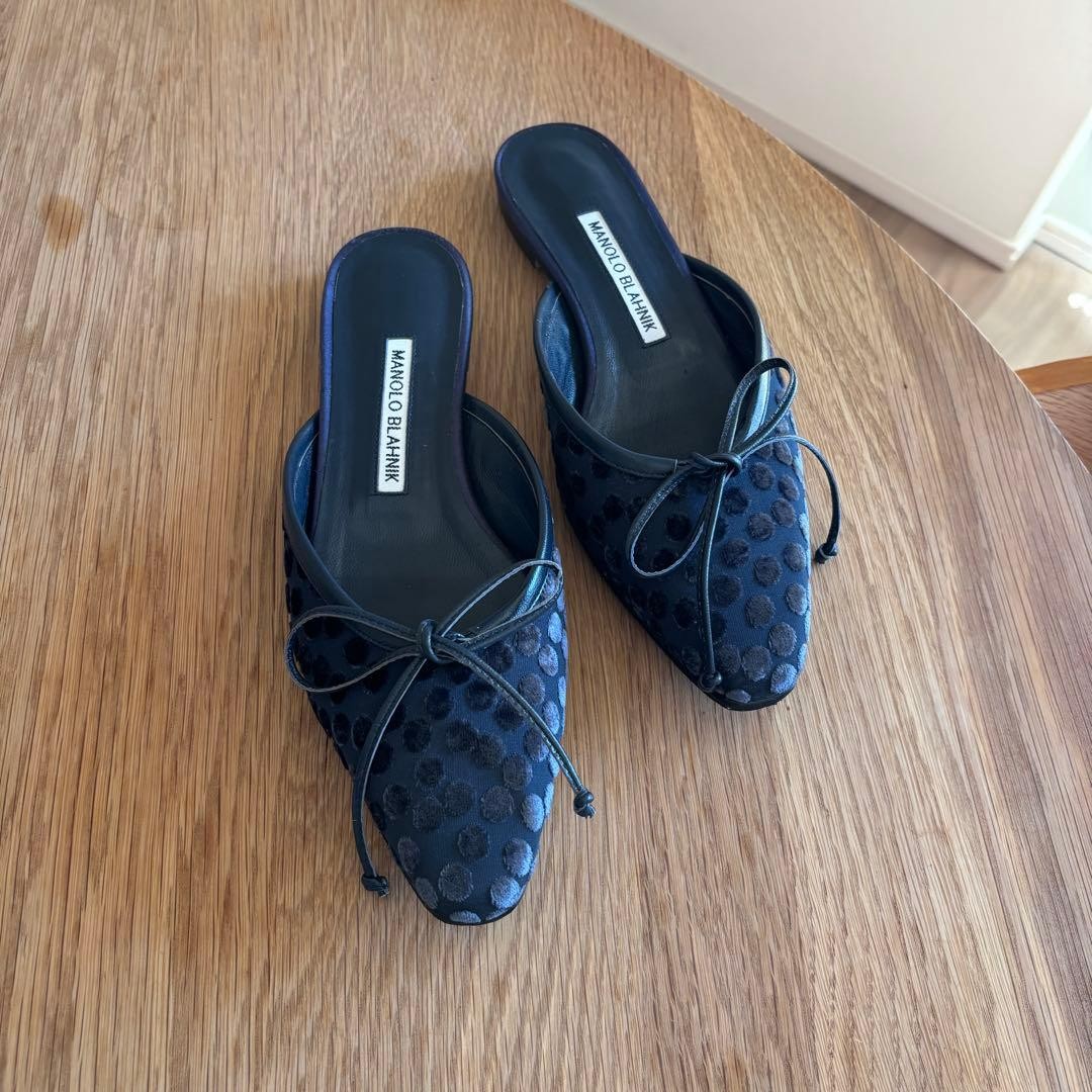 Manolo Blahnik Dots Satin Ballerimu Mules Navy EU 36.5 (Approx. US 6.5) Women’s