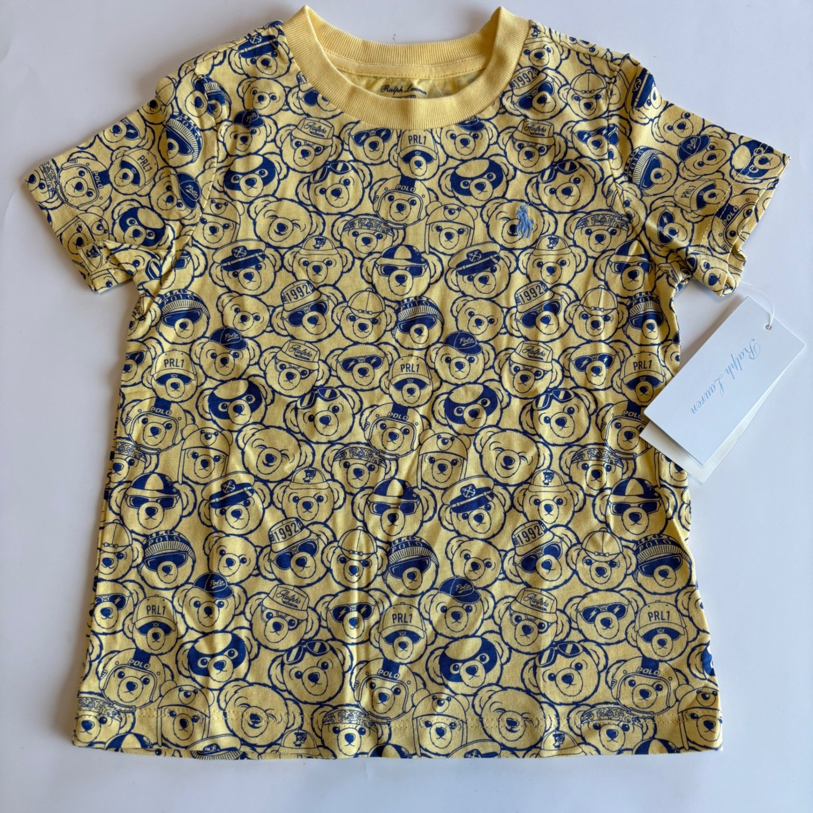 Ralph Lauren Polo Bear T-Shirt Yellow Blue Graphic Tee Toddler 24M Allover NWT
