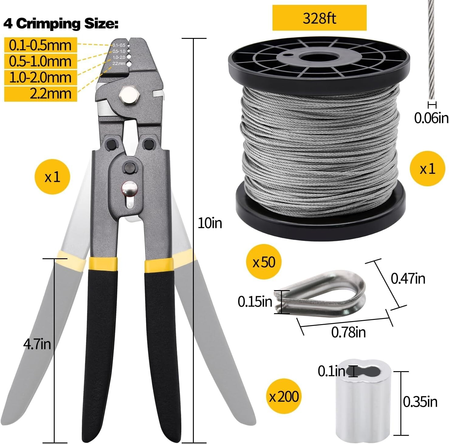 328Ft Wire Rope Crimping Tool Kit, Stainless Steel Wire Rope Cable with Aluminum