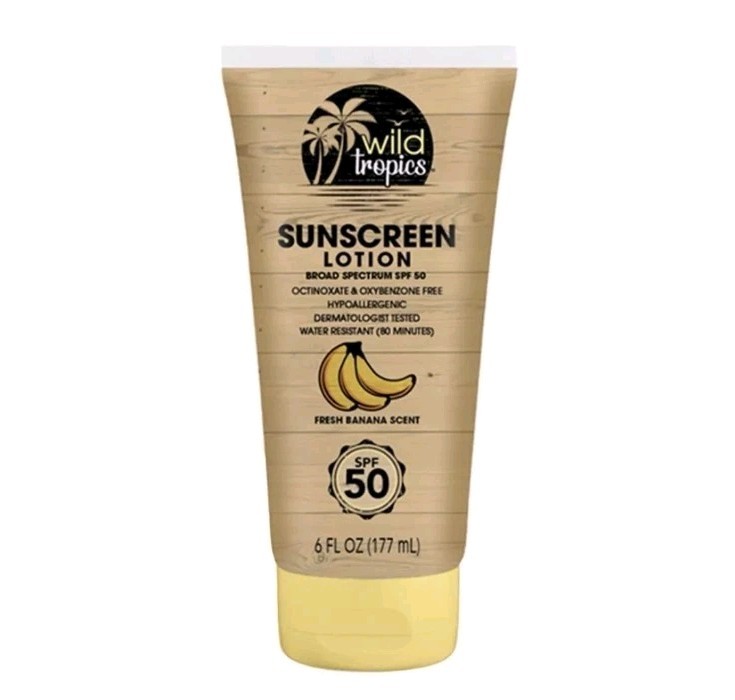 NEW! Wild Tropics 6 Oz.🍌 ●FRESH BANANA SCENT● Broad Spectrum ☀️SPF50 Sunscreen.