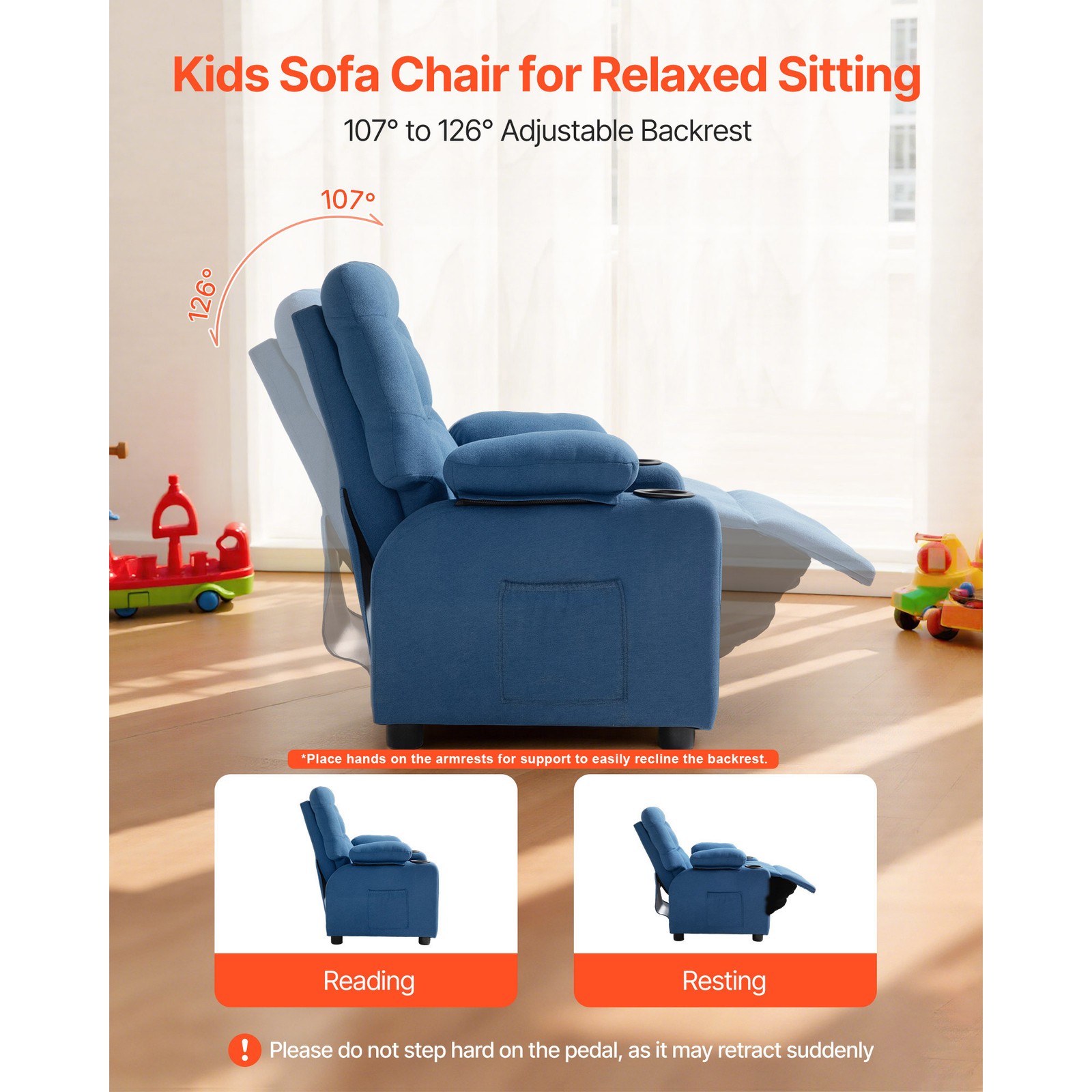 Uimoso Kids Reclining Chair Toddler Recliner with Cup Holders and Pockets (Blue)