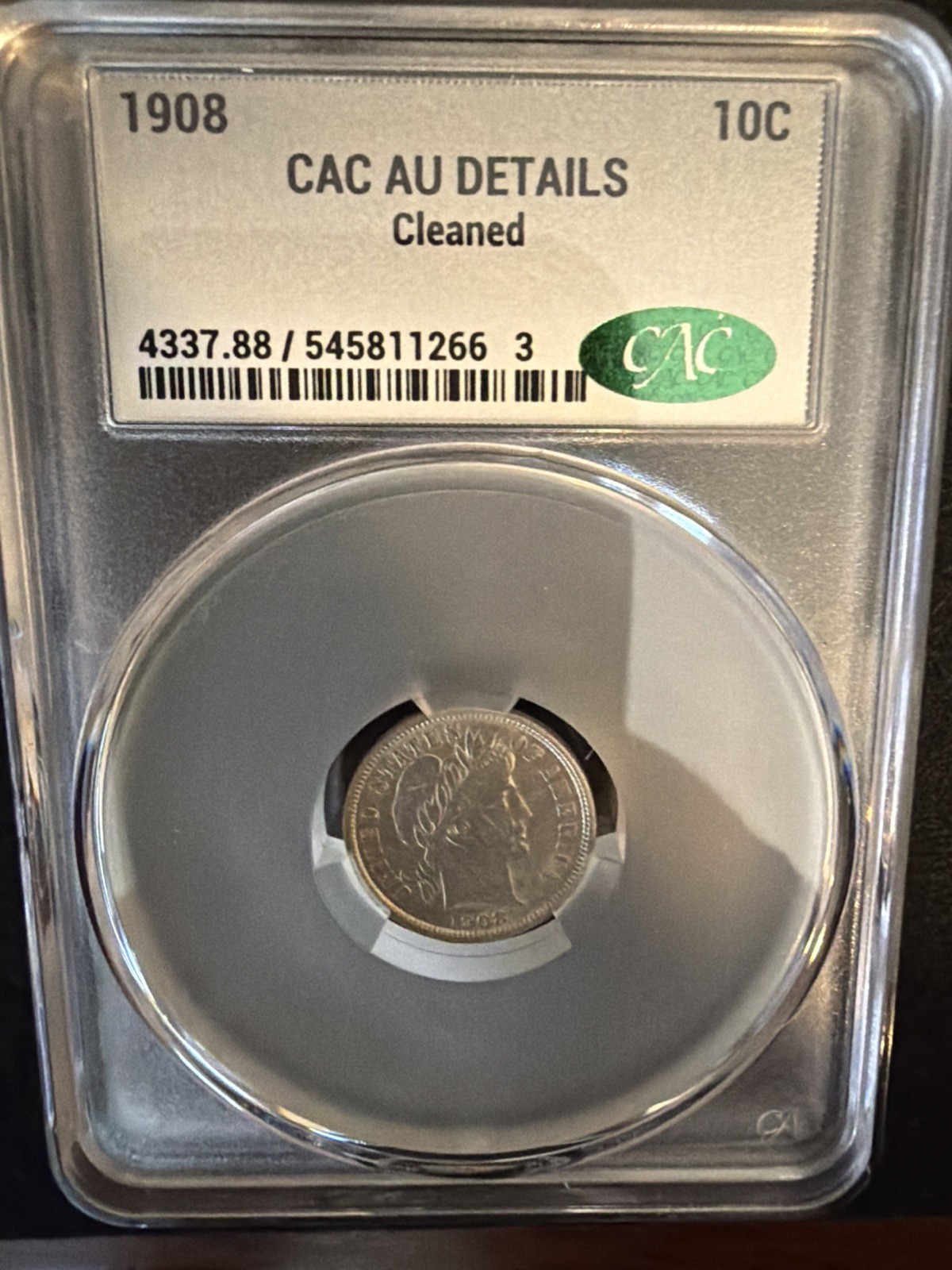 1908 Barber Dime CAC Graded