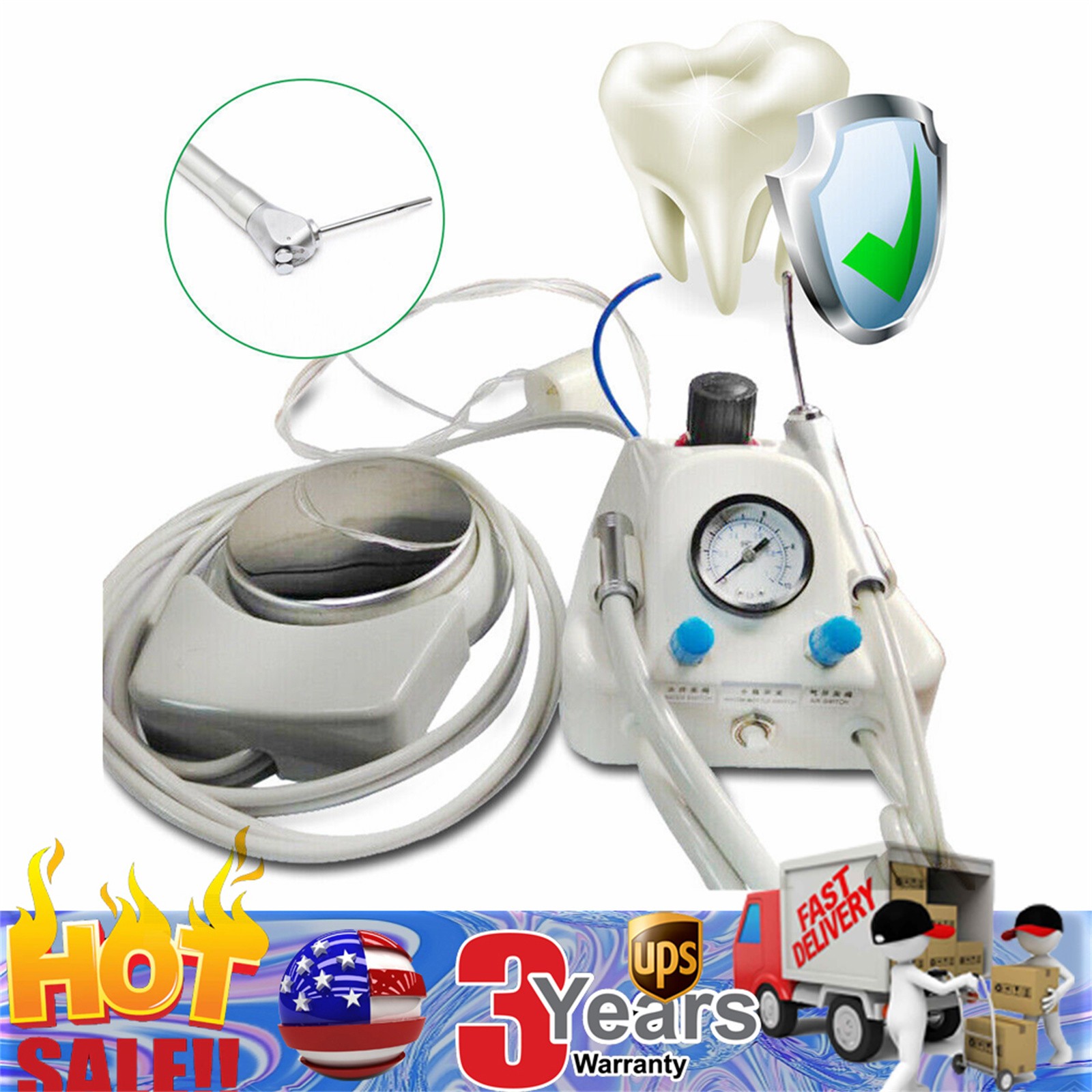 4-Hole Portable Dental Handpiece Compressor Turbine Unit 3 Way Air Water Syringe