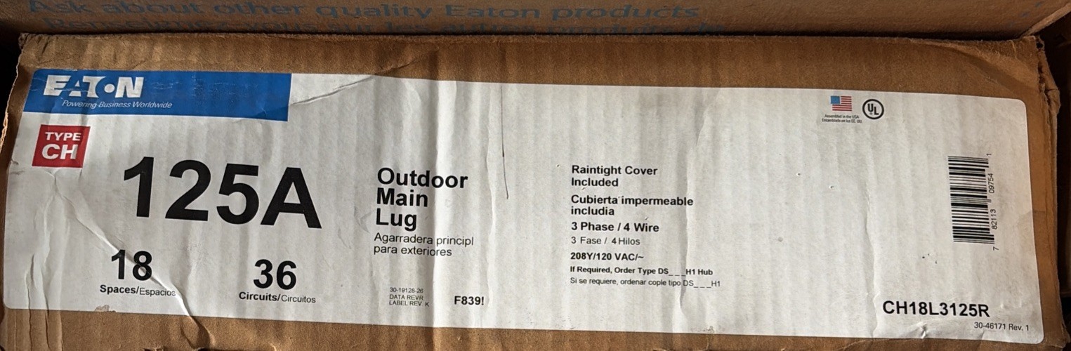 Eaton Cutler Hammer CH18L3125R Outdoor Main Lug 18S 36C  (125A) - NIB