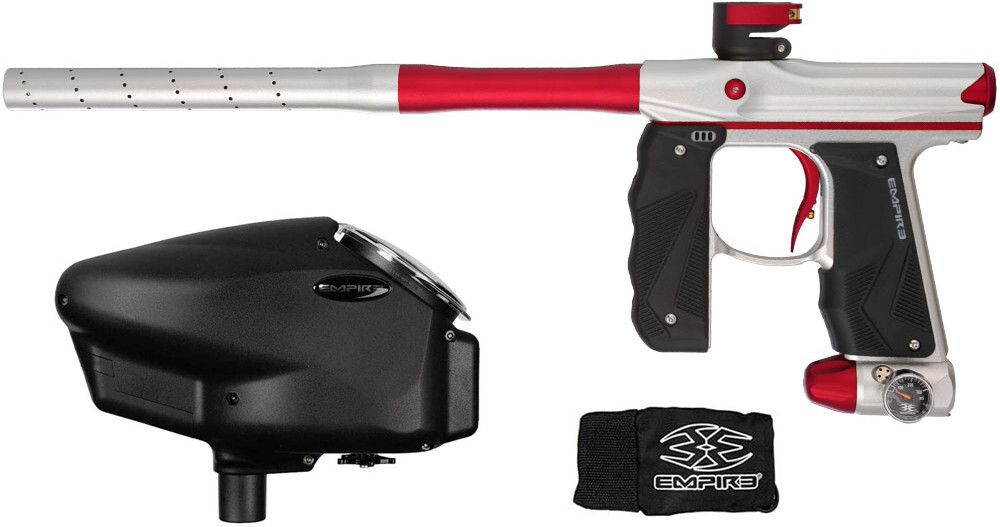 Empire Mini GS  Dust Silver/Dust Red Paintball Gun w/Halo Too Loader Grey Combo