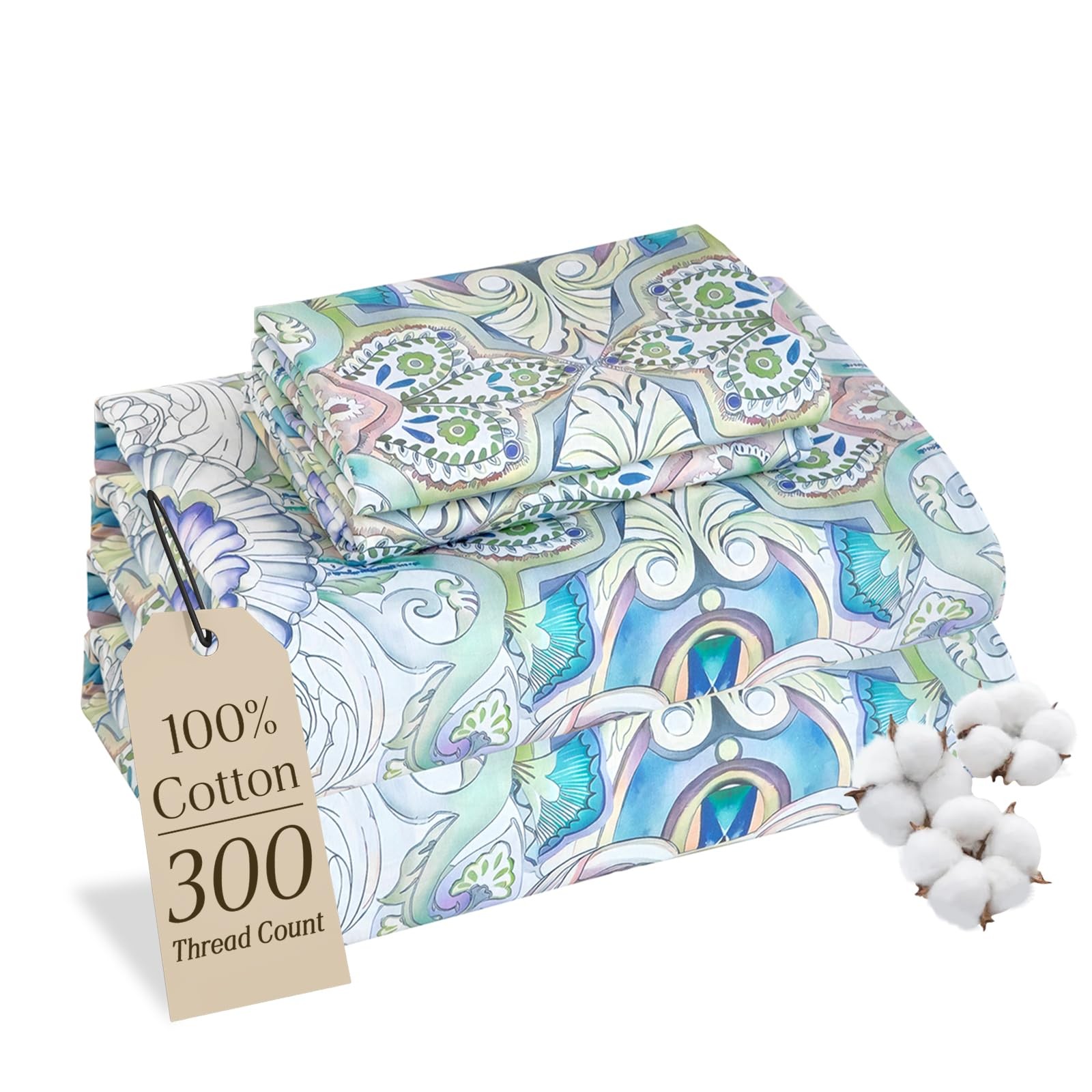 100% Cotton Sheet Set Floral Printed, 300 Thread Count Cotton Queen Sheet Set...
