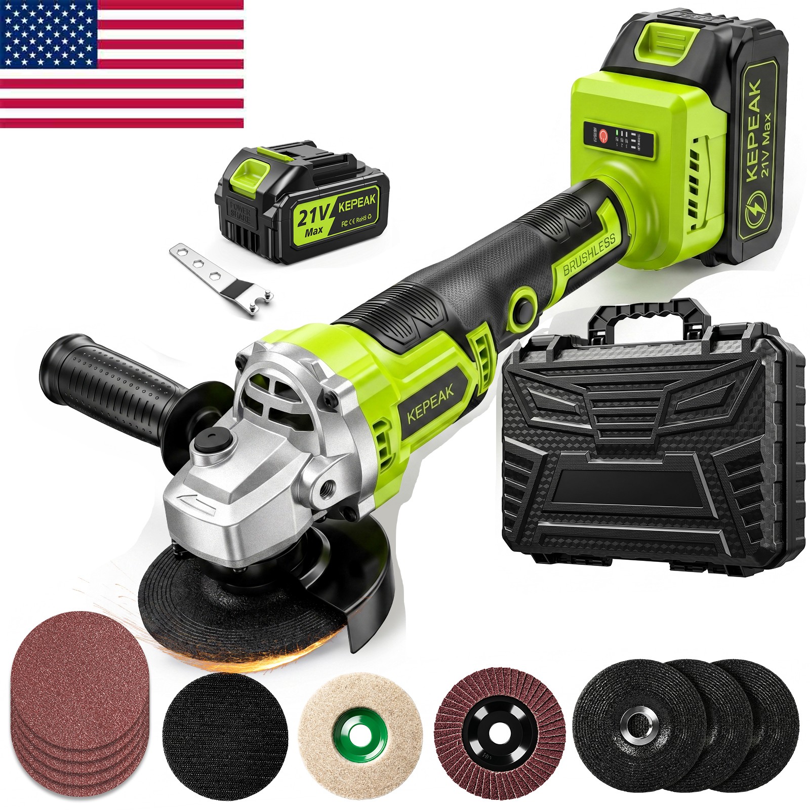 21V Cordless Angle Grinder Kit Brushless Motor Handheld Cut Off Tool w/ Battery