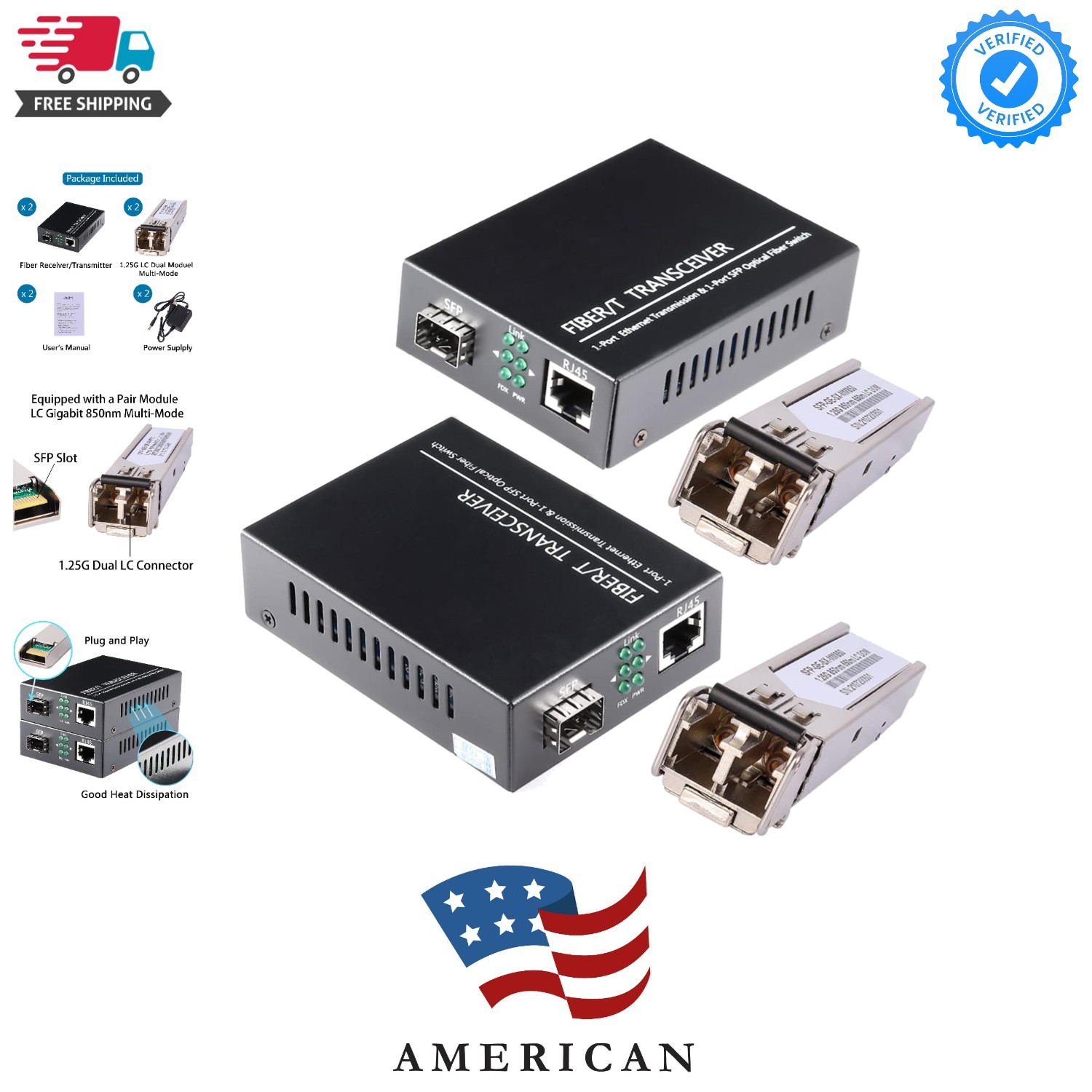 A Pair of 1.25G/s Bidi Gigabit Multi-Mode Fiber Ethernet Media Converter with...
