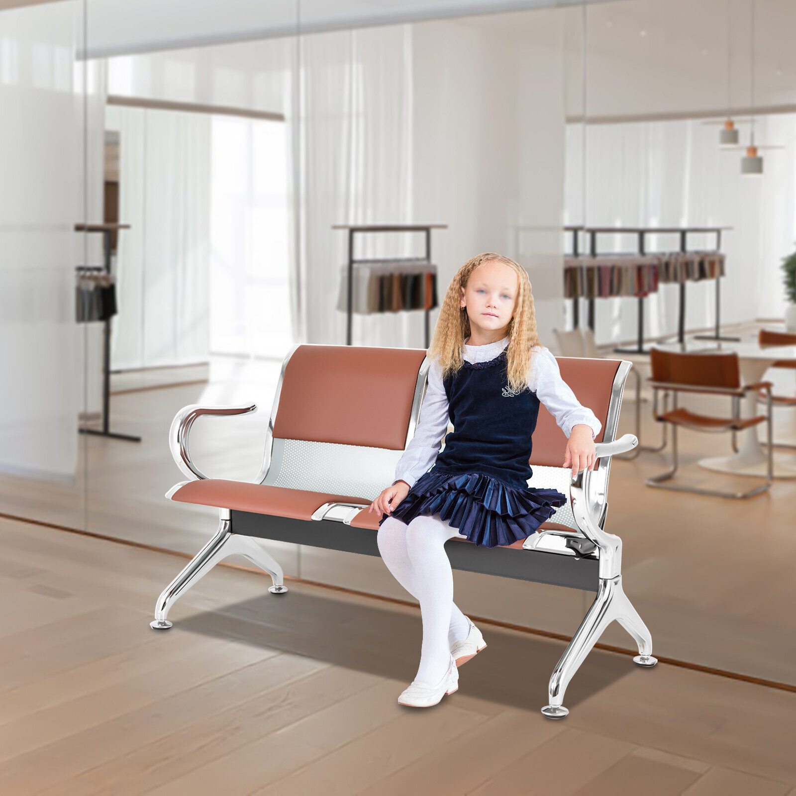 Waiting Room Chair Reception Guest Chair Office Bank Airport Bench 2 Seat, Brown