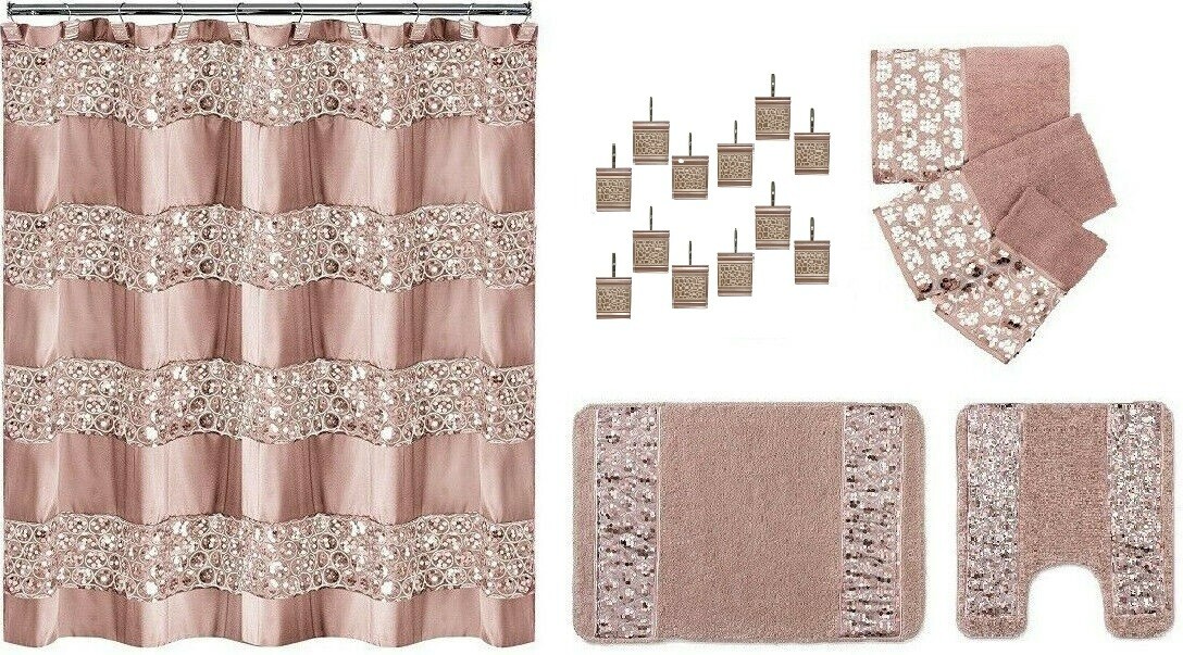 7 Piece Sinatra Blush Pink Shower Curtain, Shower Hooks, 2 Rugs and Towel Set